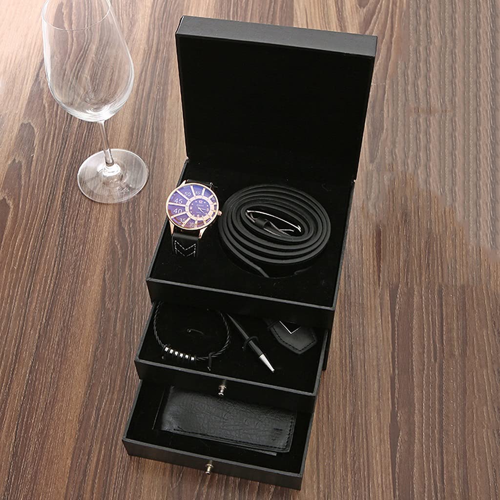 6 sztuk/zestaw Zestaw upominkowy dla mężczyzn Fashion Business Gift Box 3-warstwowy zegarek Skórzany pasek Bransoletka Portfel Brelok Długopis na prezenty dla mężczyzn (kolor: brązowy) (czarny)
