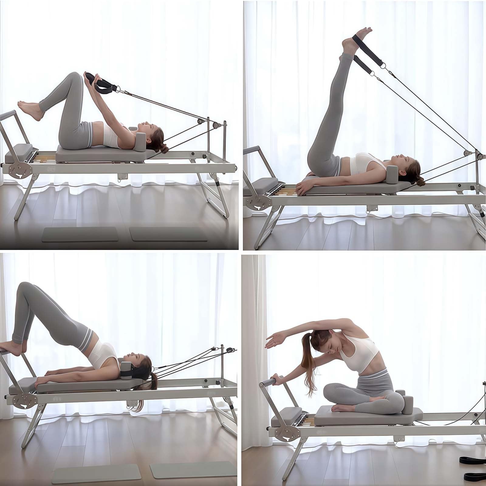Pilates Reformer, składany sprzęt do ćwiczeń domowych, wielofunkcyjny trening siłowy, nośność do 136 kg