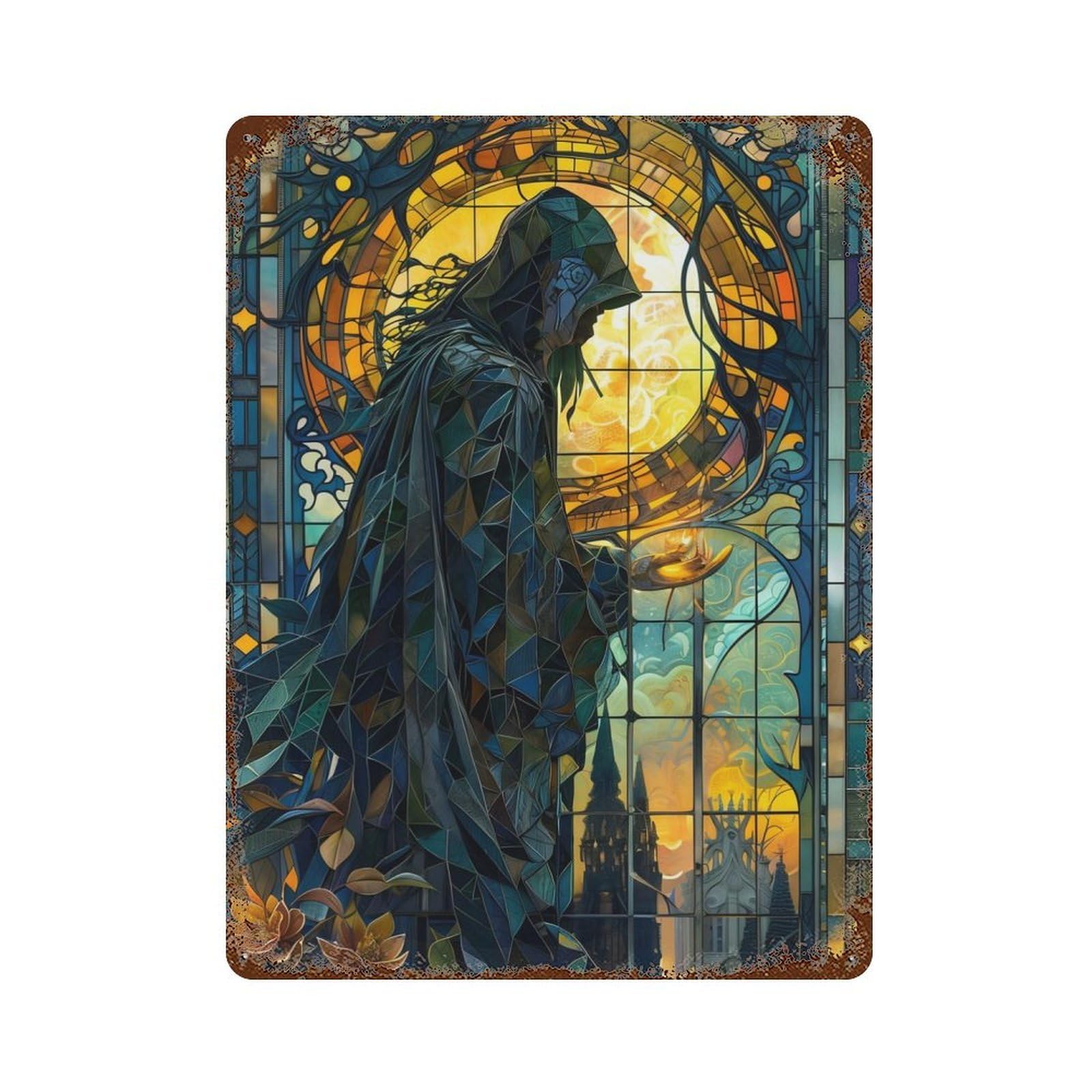 Stained Glass Mage Decorative Tin Sign 15.7"x11.8", Farmhouse Wall Decor for Living Room, Hallway And Home Decor