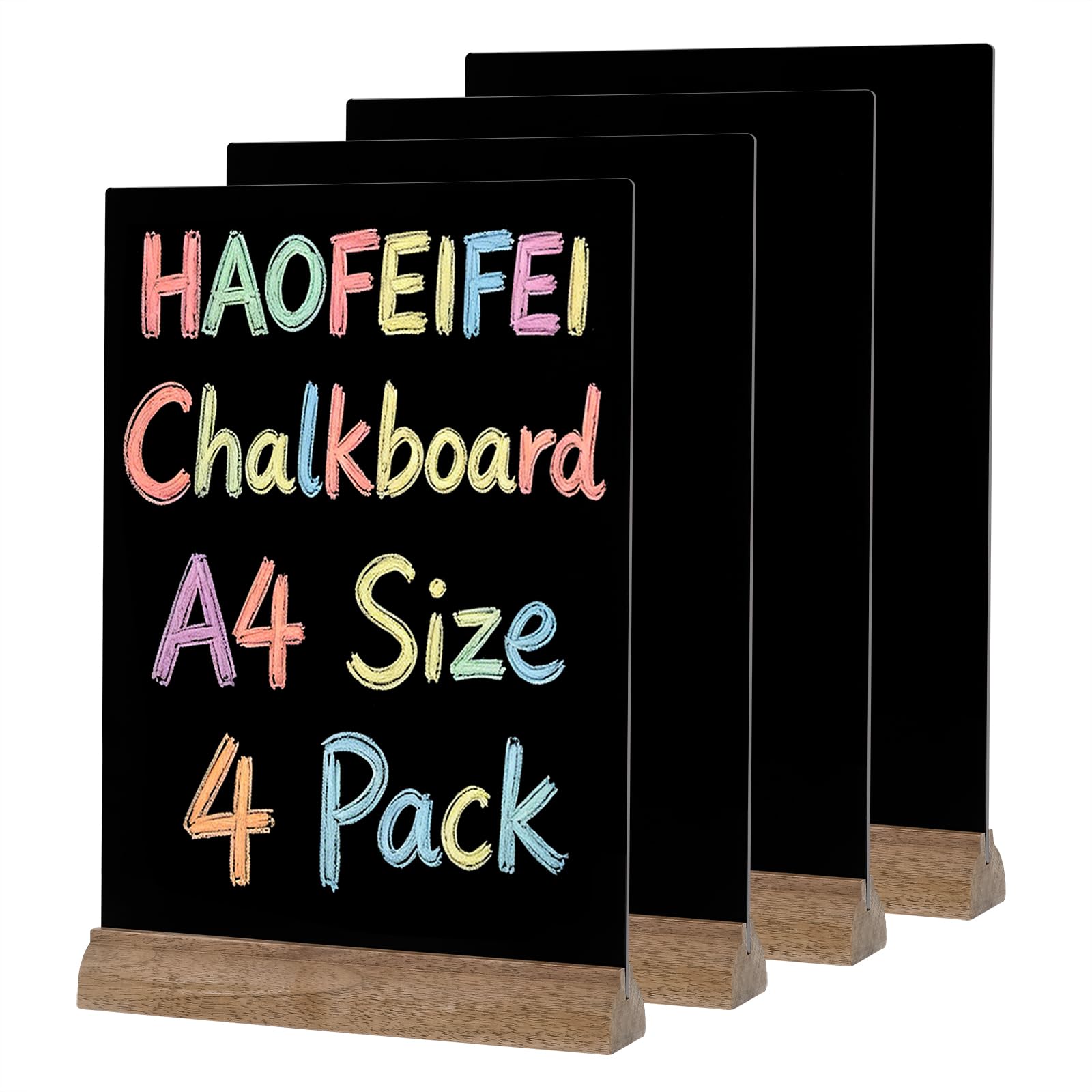 4 Piezas Pizarra Negra A4 Acrílico 3mm con Base Madera, Doble Cara Lisa/Rugosa, Horizontal/Vertical, Borrable Paño Húmedo, Cartel Mesa para Bar Restaurante Tienda