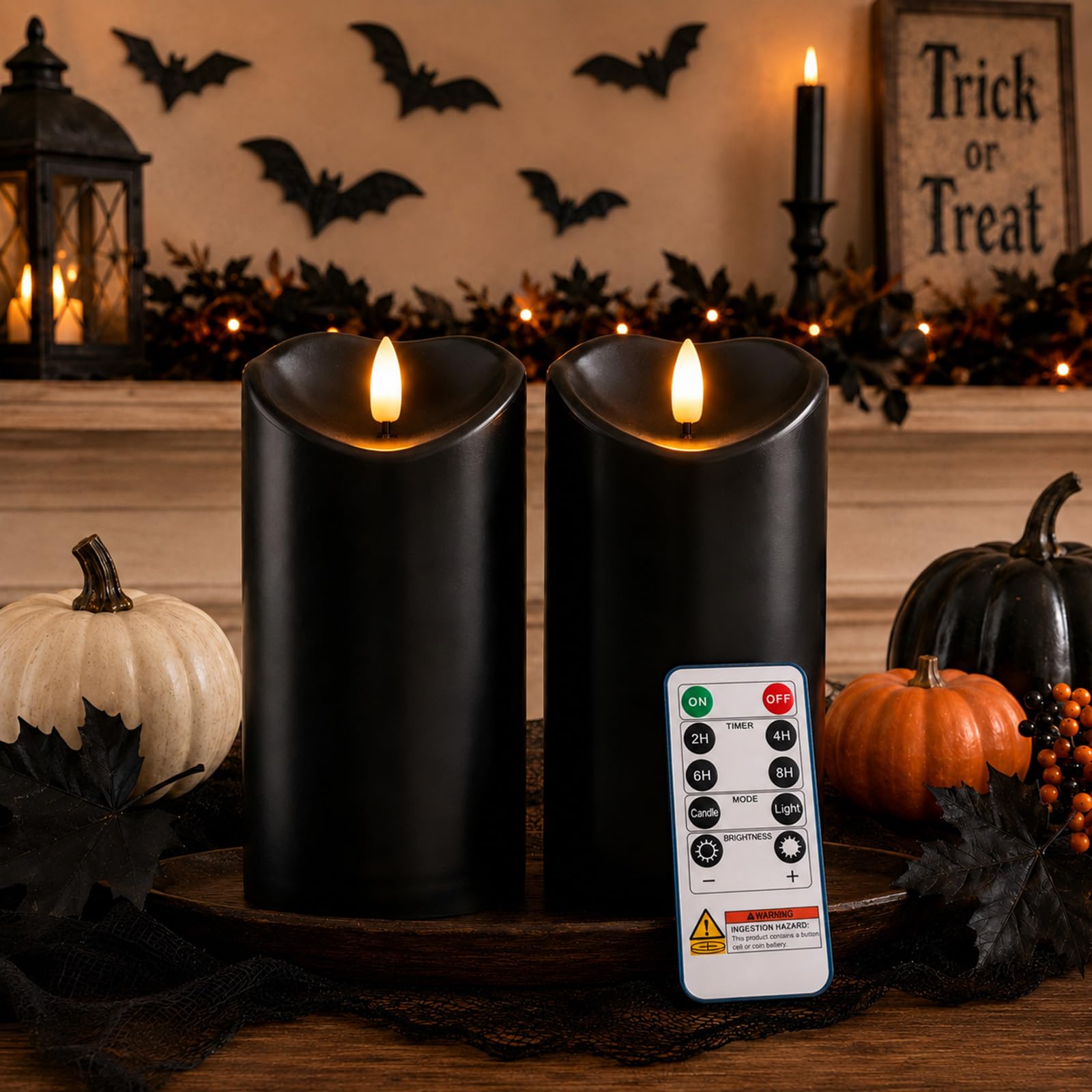Homemory Halloween Black Waterproof LED Candles with Remote Timer, Set of 2