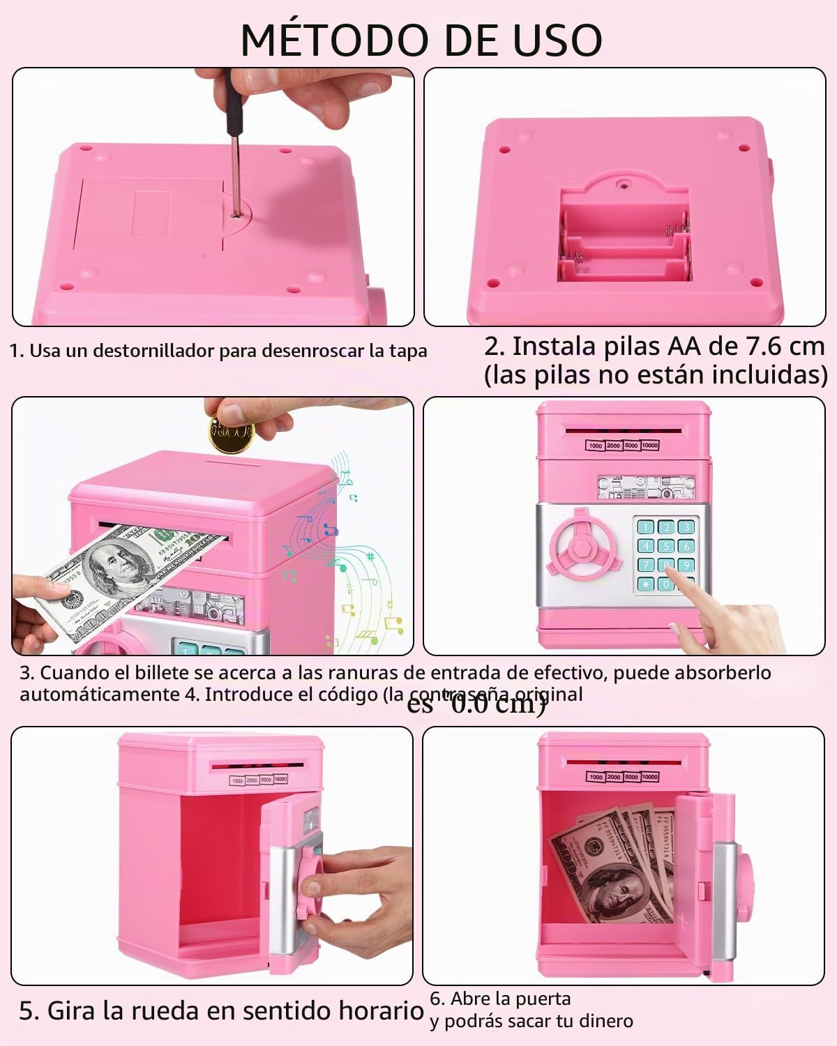Caja Fuerte Niños,Hucha electrónica,Hucha Cajero Automatico,con Bloqueo de Contraseña & Automático de Dinero,Juguete Divertido Regalo Hucha Caja Fuerte para Monedas y Billetes Rosa