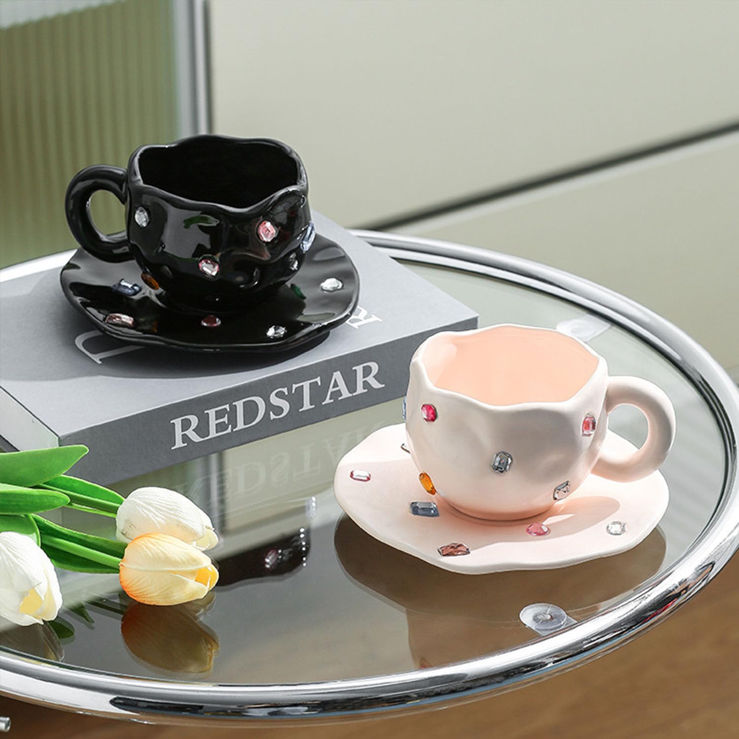 Tazza da caffè, tazza da caffè in ceramica con set di piattini, tazza da caffè creativa con pietre preziose, tazza da caffè irregolare for casa e ufficio, perfetta for latte, tè e latte(Black)