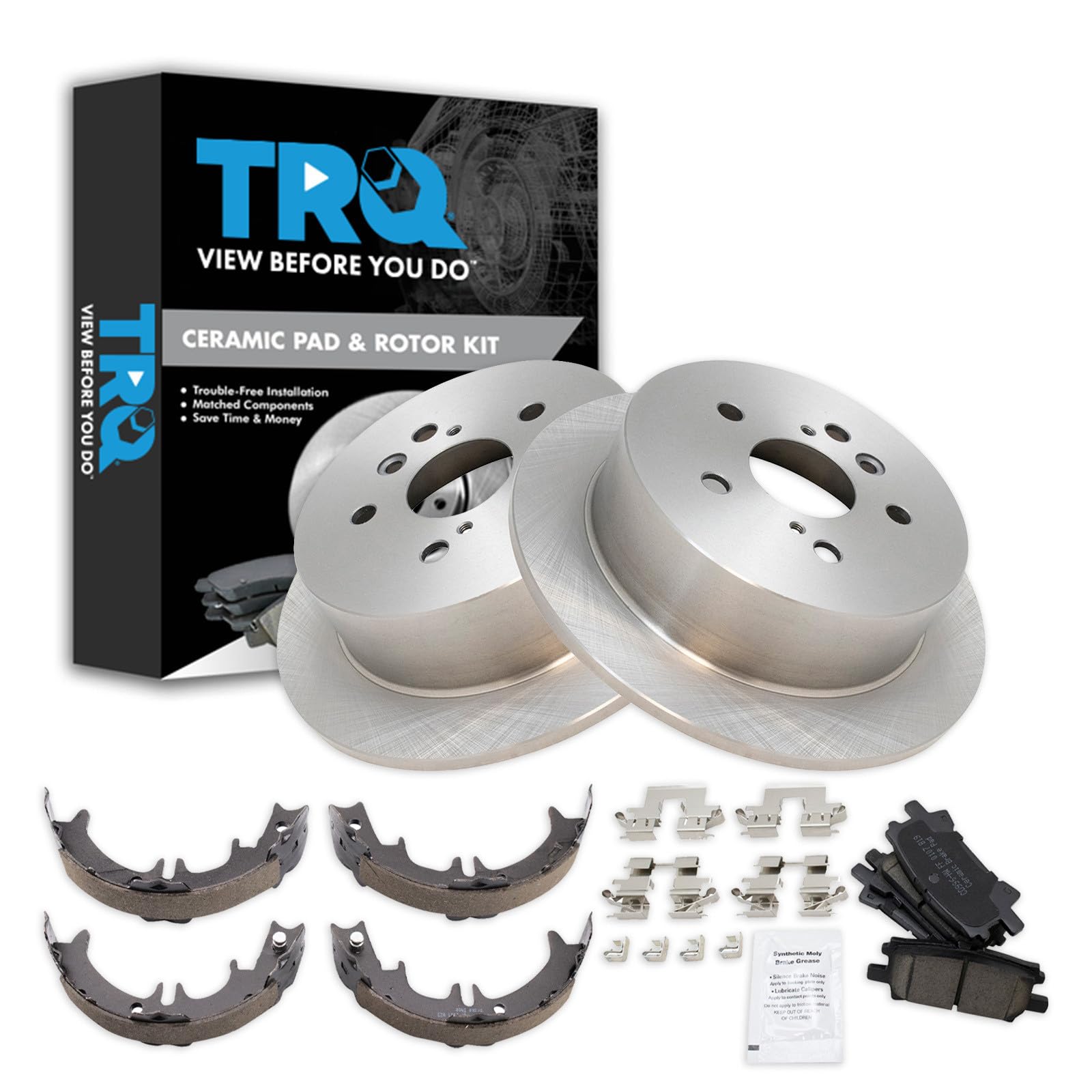 TRQ Rear Brake Pad and Rotor Set Ceramic Parking Shoe Compatible with 2004-2006 Lexus RX330 2007-2009 RX350 2006-2008 RX400h 2004-2007 Toyota Highlander