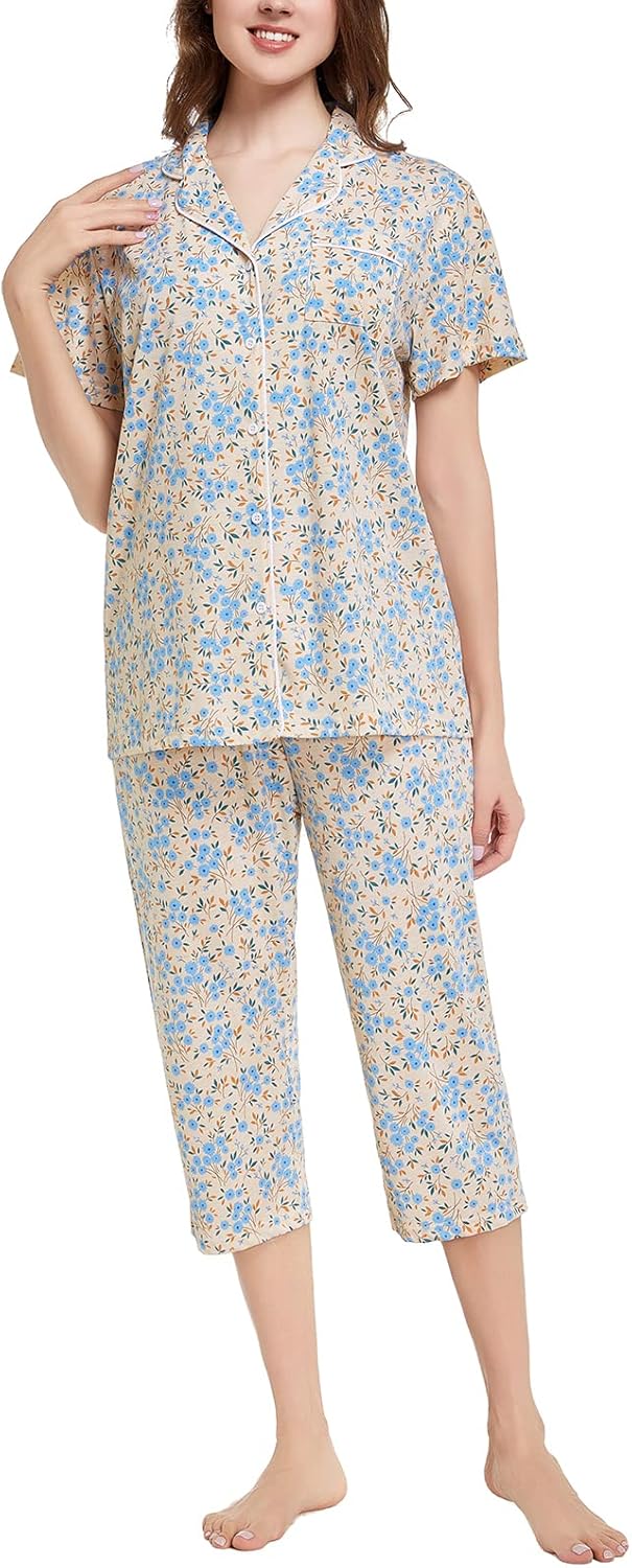 Tugege Capri Pajamas Set Womens Button Down Short Sleeve Lounge Sets Sleepwear Notch Collar Top & Capri 2 Piece PJ Sets - Image 3