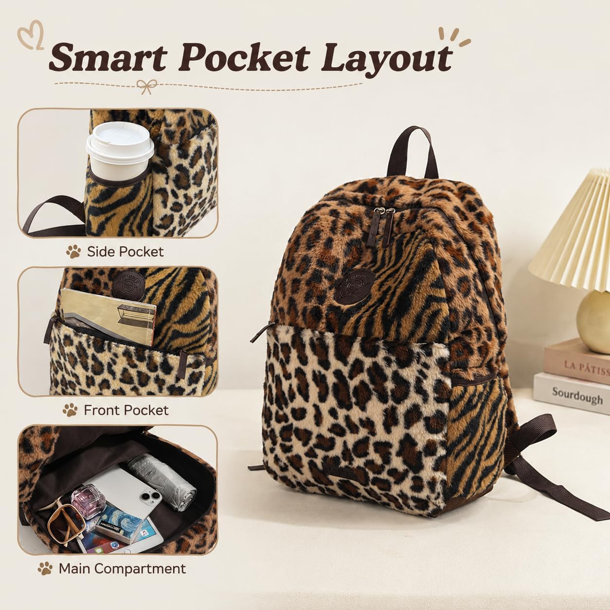 Cute Backpack Fuzzy Cheetah Shoulder Bag, Y2k Purse Fleece Chic Bookbag Trendy Aesthetic Coquette Daypack 90s Purse (Mix Cheetah) image 4