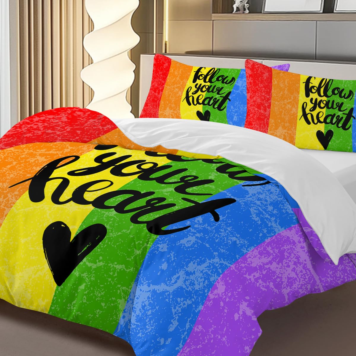 BlessLiving Brushed Rainbow Watercolor Striped Bedding Set 3 Piece Follow Your Heart Equality Love Duvet Cover Striped Hippie Bedspreads Double Size