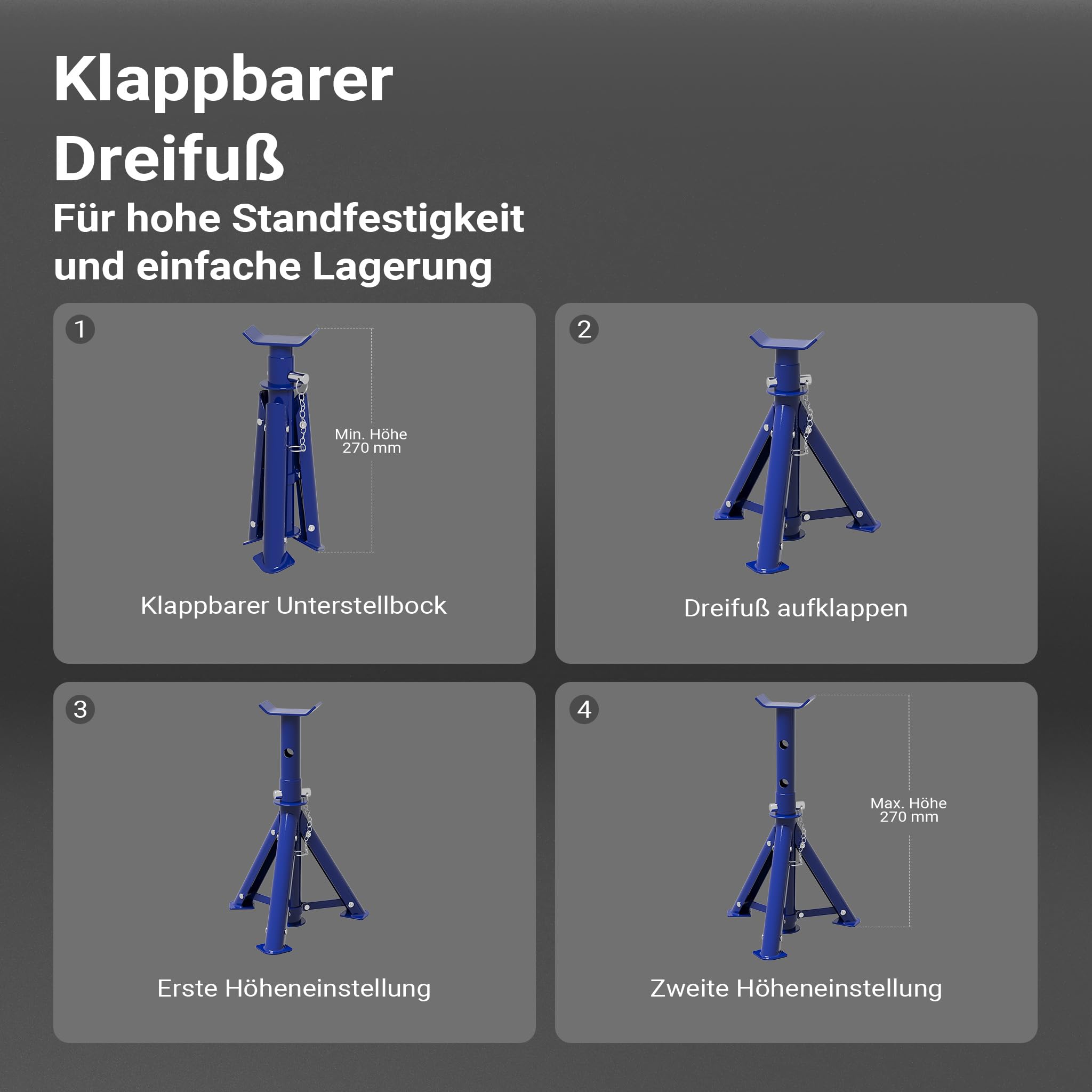 Wiltec Set aus Wagenheber + 2 Unterstellböcke, bis 2 t Hubkraft, Hubhöhe Wagenheber 135-335 mm, Arbeitshöhe Böcke 270-365 mm, Abstellböcke klappbar