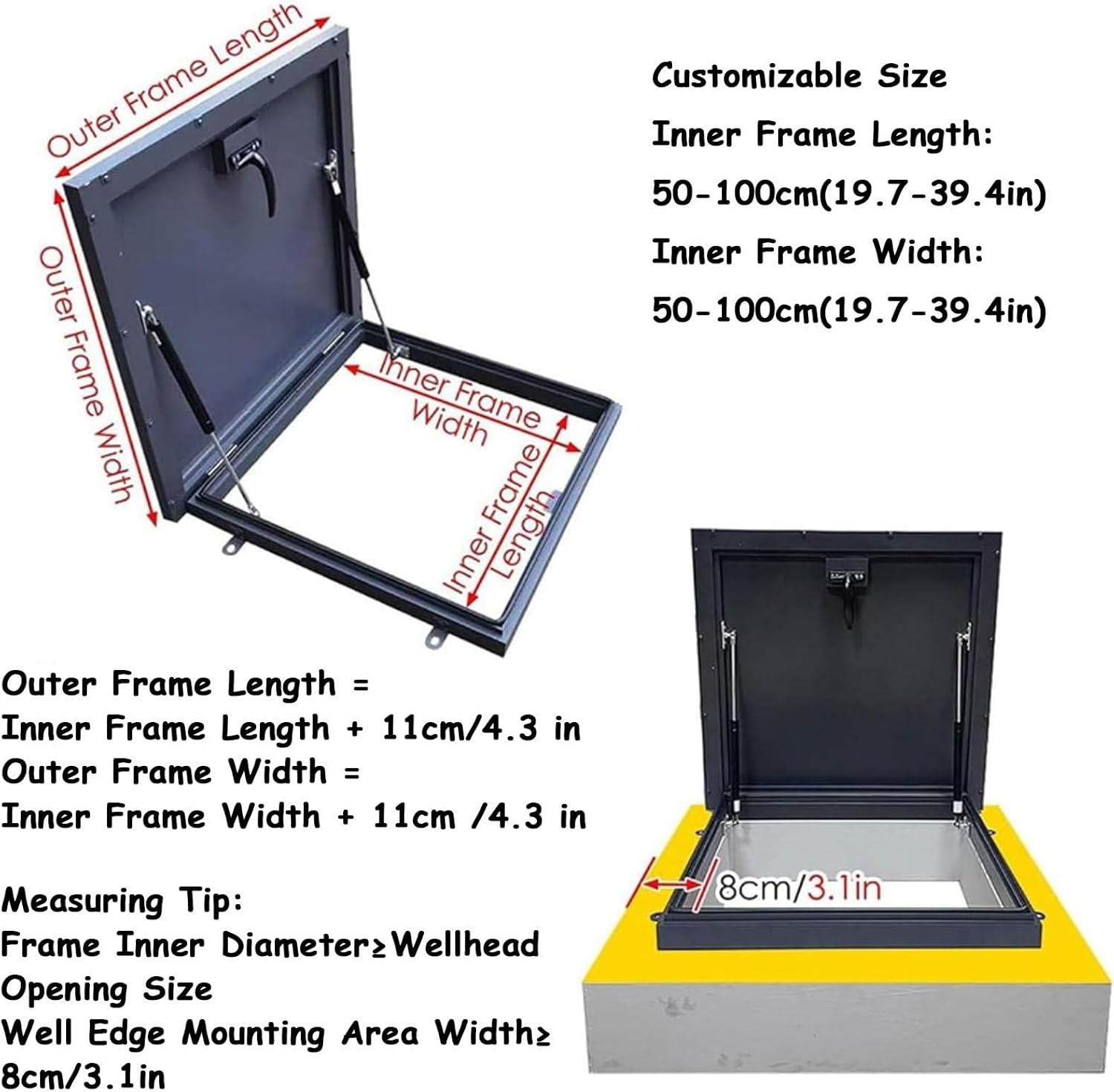 Aluminum Roof Hatch Cover with Rubber Seal, 55x55cm Flush Mount Rooftop Access Door, Durable Square Attic/Sun Room Lid, Weatherproof Cellars Exit Cover
