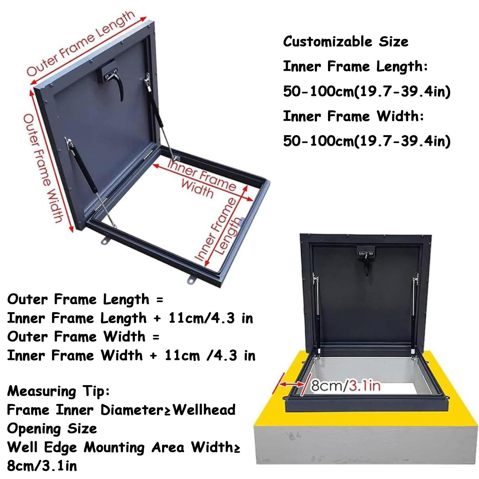 Copertura di uscita per cantine, coperture per botole da tetto in alluminio con guarnizione in gomma, coperchio per botola da tetto quadrata esterna, sportello di accesso al tetto a filo,80x80cm