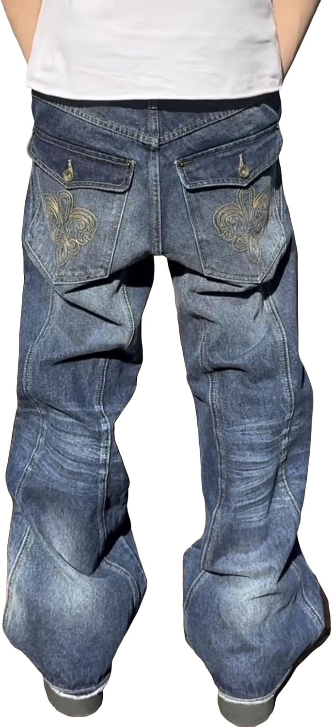 Men Vintage Baggy Mid Rise Denim Pants Spring Versatile Micro Elastic Wash Trousers Y2K Street Wide Leg Baggy Jeans