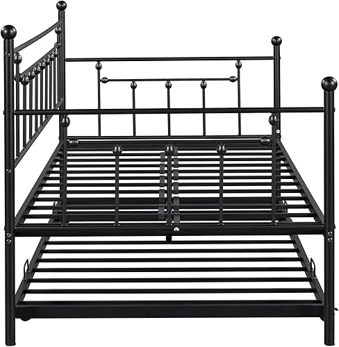 Miniatura 15 de Sofá cama de marco metálico de tamaño individual con ruedas extraíbles, soporte de sofá cama de listones de acero resistente para invitados, sofá