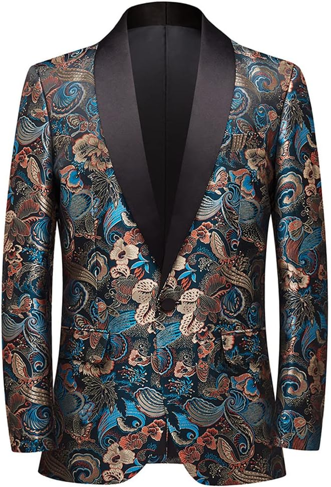 Men's Floral Blazer Jacket Shawl Lapel Casual Slim Fit Mens Sports Party Coats Blazers