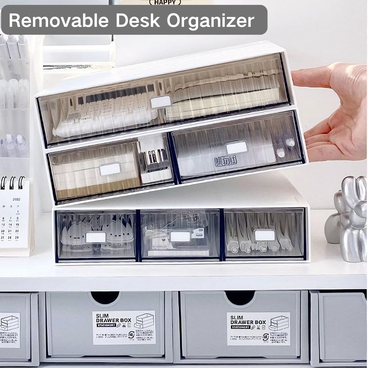 Hacaroa 3 Stufiger Mini Schreibtisch Organizer mit 6 Schubladen, Kunststoff Desktop Schubladen Aufbewahrungsbox, Stapelbare Make-up Organizer für Büro, Schule, Badezimmer, Abnehmbares Design, Weiß
