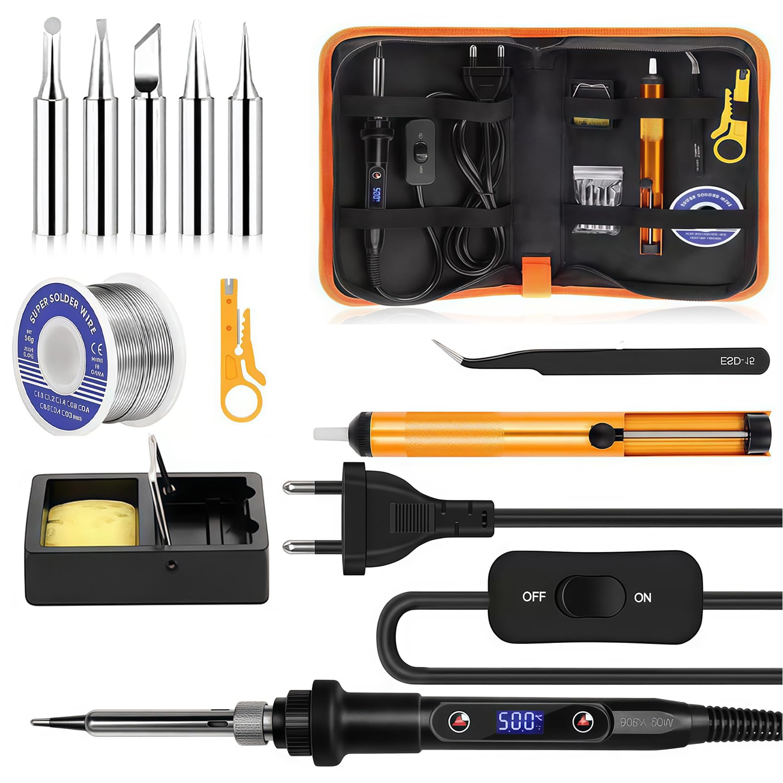 Kit Saldatore, Saldatore Elettrico 80W con Display LCD Temperatura Regolabile e Interruttore ON/OFF, Saldatore a Stagno con 5 Punte, per Riparazioni Elettroniche e Fai da Te