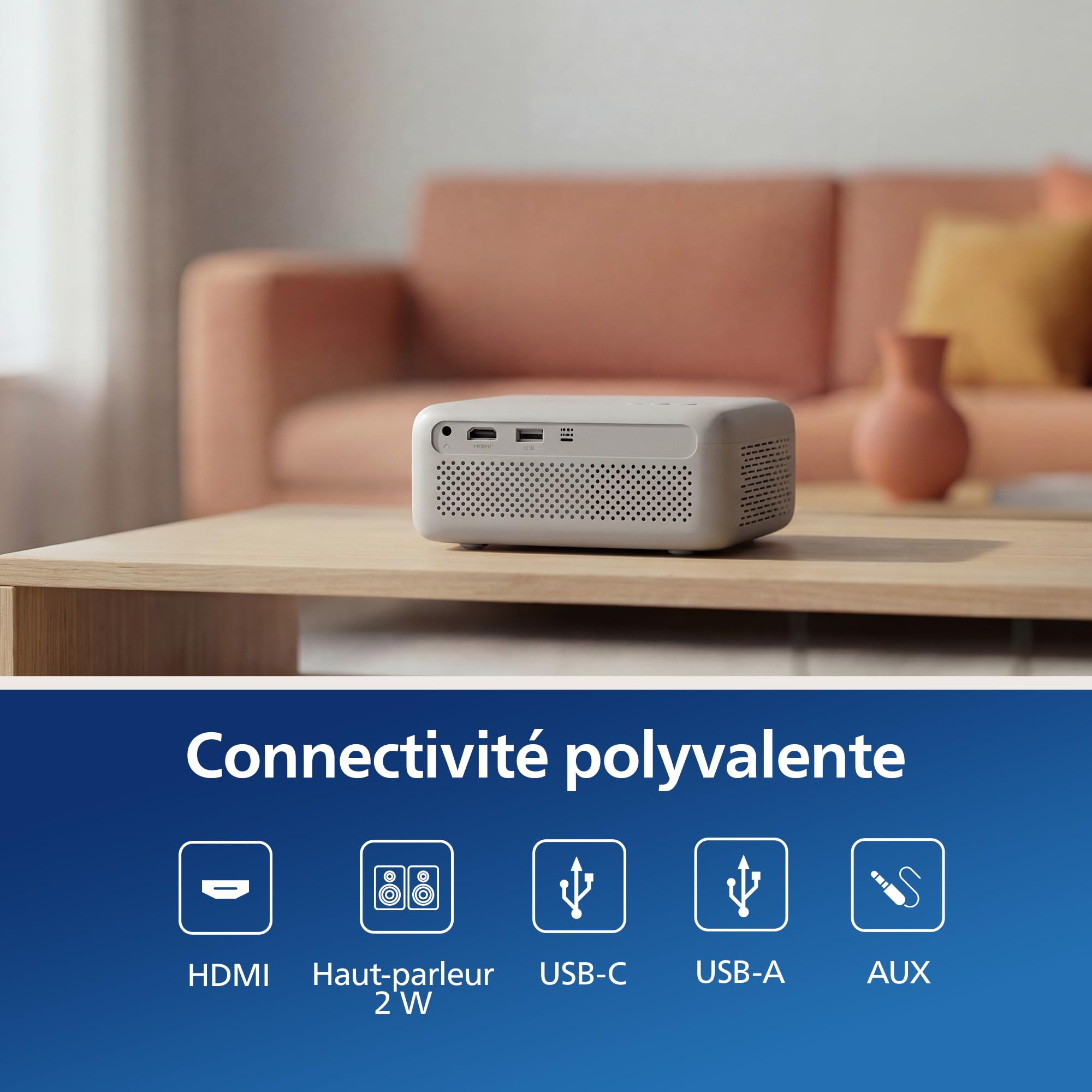 Philips NeoPix 106, vidéoprojecteur Portable LCD LED, 720p, 100 ANSI lumens, écran Jusqu’à 50", USB-C, HDMI, Correction Keystone Automatique, Blanc