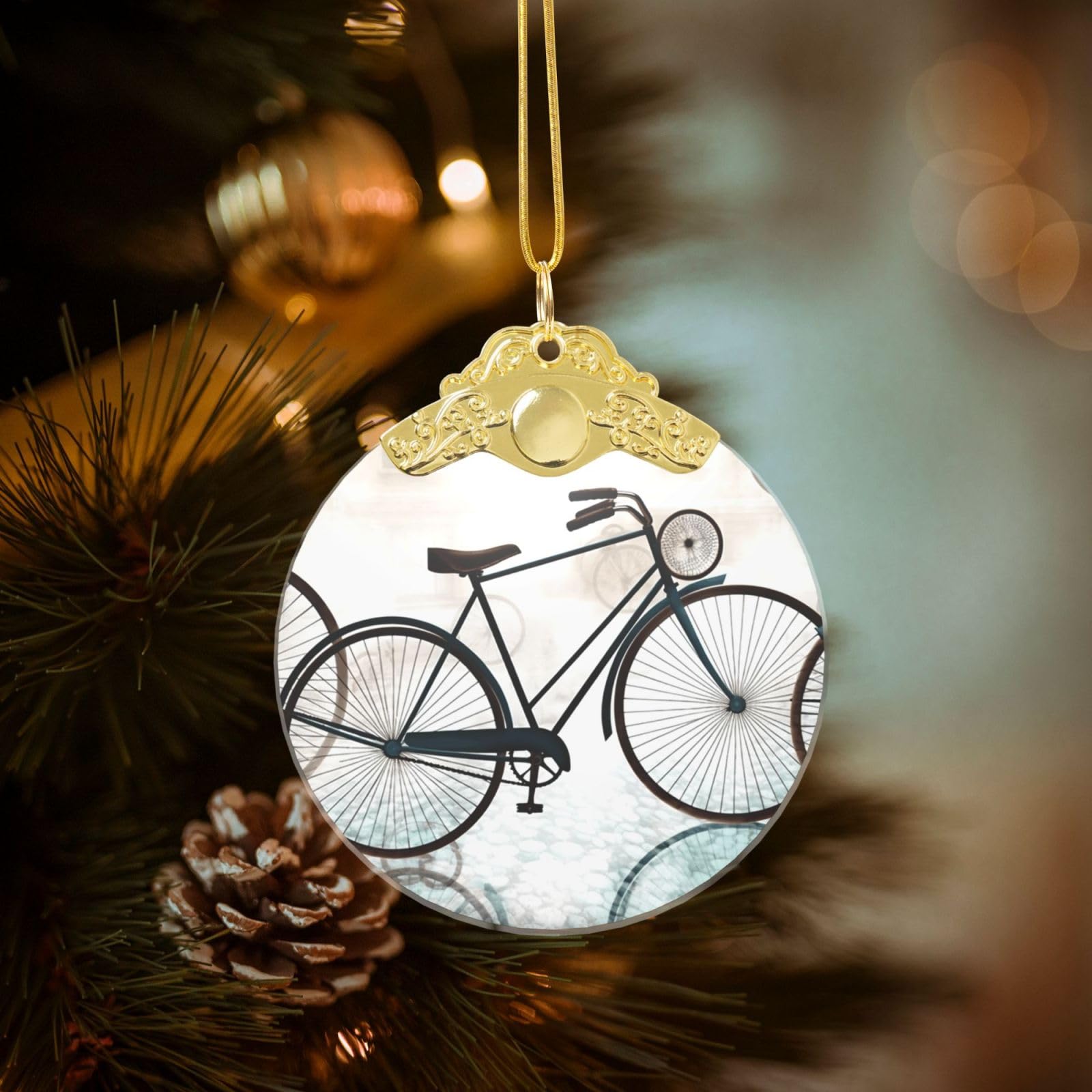 Crystal Christmas Ornaments for Christmas Tree Decoration Hanging Retro Bicycle Ornament with Gold Ribbon Crafts Round Pendant for Keepsake Gifts Glass Xmas Decor Party Supplies