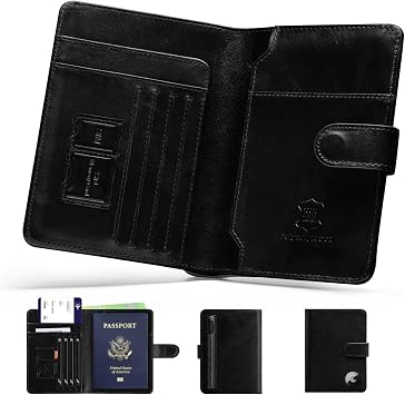 Passport Holder for Travel Full Grain Leather Passport Cover with Airtag Holder Magnetic Buckle for Men - RFID Blocking Bifold Wallet for Air Ticket Card Cash Coin Black