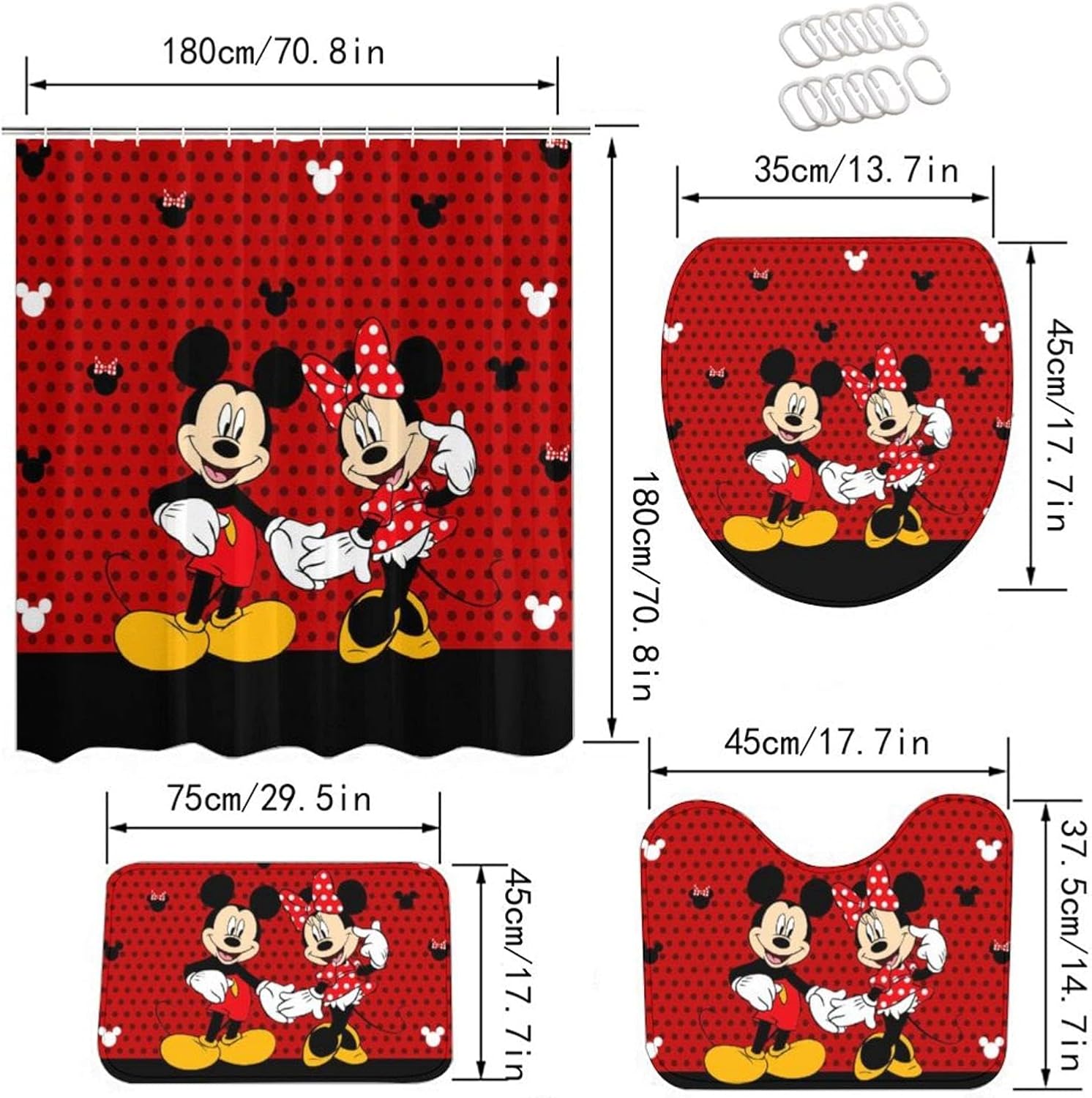 Non-Slip Shower Curtain Set with 4 Pieces: Includes Shower Curtain, Rugs, Toilet Lid Cover, and Bath Mat. Waterproof Polyester Fabric Bathroom Curtain with 12 Hooks. 72 x 72 inches