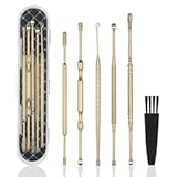 Hion 6 Pcs Extended Ear Wax Removal Kit,Professional Double-Headed Ear Pick Earwax Removal Tools,316L Stainless Steel Ear Cleaner Curette with Cleaning Brush and Storage Box,Suit for Kid Adult(Gold)