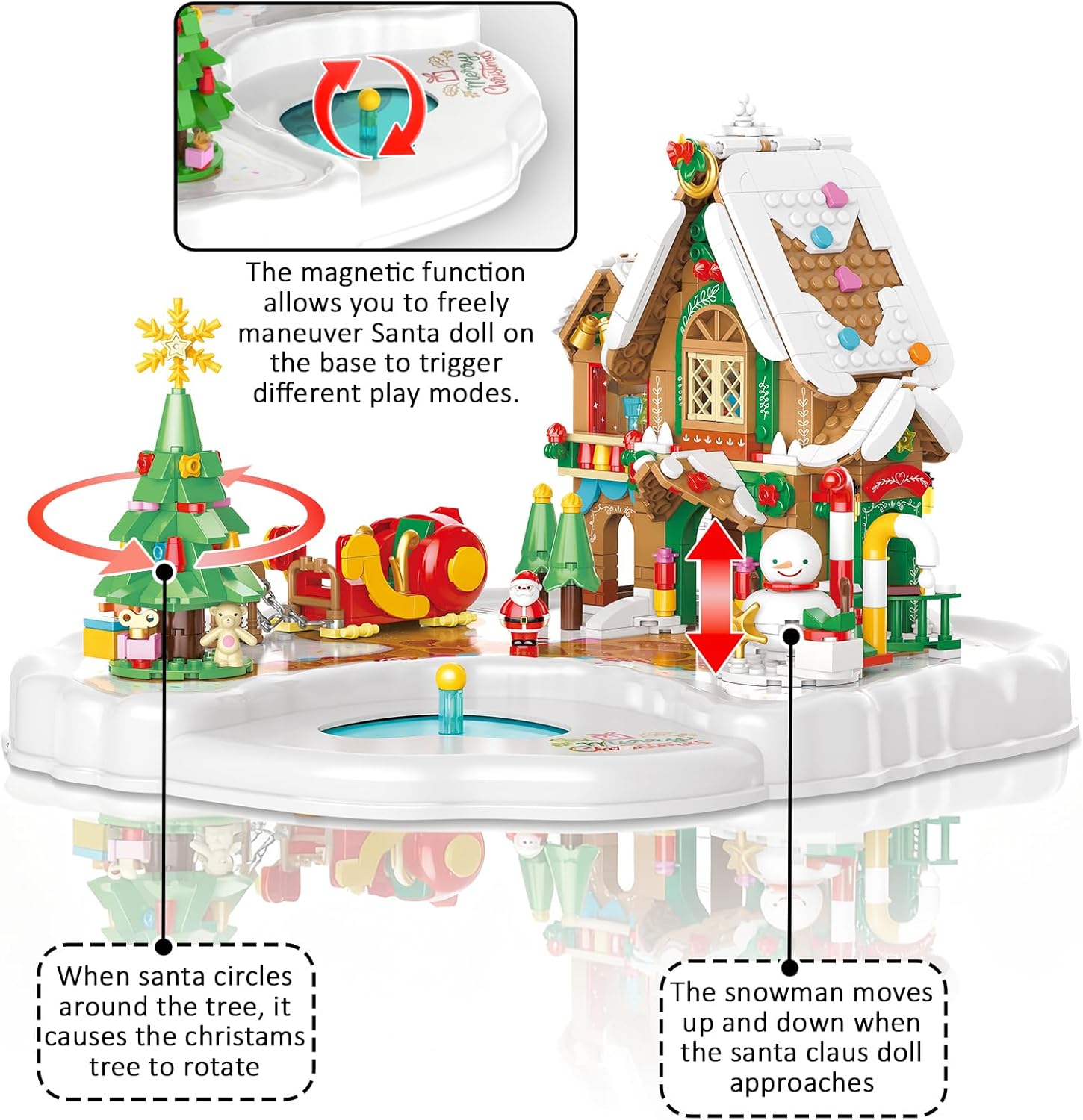 Magnetic Christmas Gingerbread House Building Set - 651 Pcs Dynamic Model with Music, Rotating Tree & Moving Snowman - Magnetic Santa Claus for Interactive Play Christmas Decor Gift