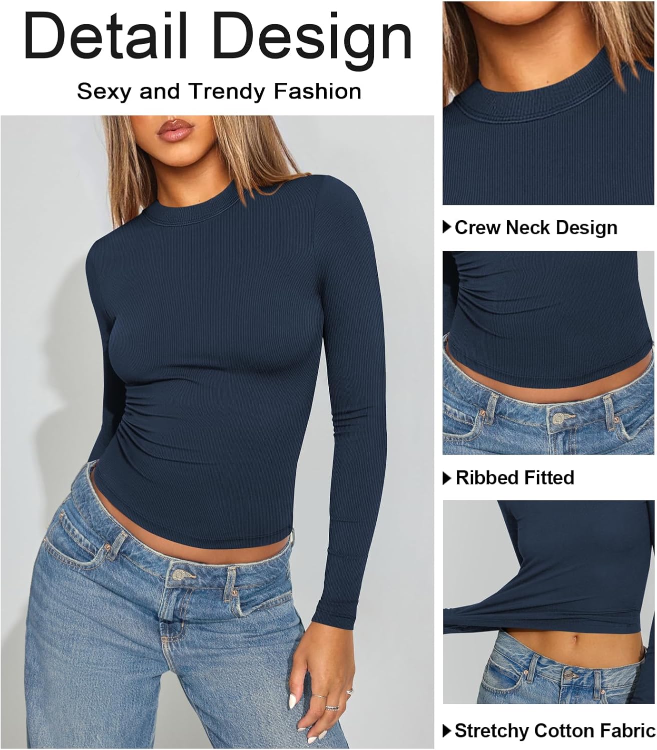Womens Ribbed Long Sleeve T Shirts Crew Neck Fall Basic Tight Tops Fitted Casual Going Out Workout Cotton Fall Tops - Image 4