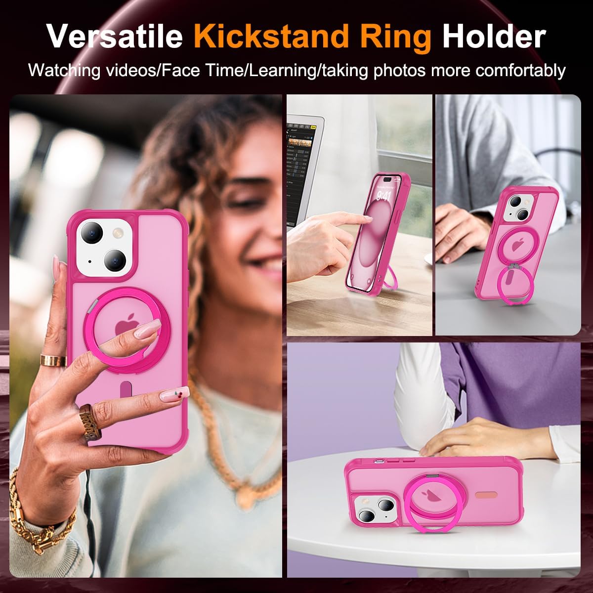 Designed for iPhone 15 Case with 360° Rotatable Magnetic Ring Stand [Compatible Mag-Safe] [Military Grade Protection] Translucent Matte Phone Cases for Women Men 6.1'', Rose Red
