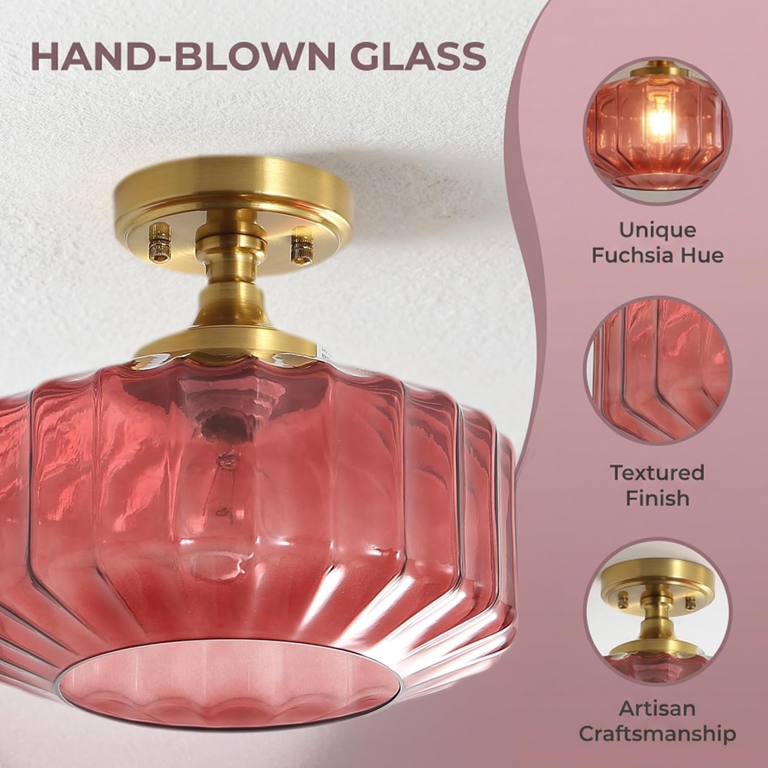 Vintage Quilted Fuchsia Glass Flush Mount Ceiling Light - Aged Brass Finish Semi Flush Mount Ceiling Lamp, E26 Socket Luxury Accent Lighting for Entryway, Hallway, Bedroom