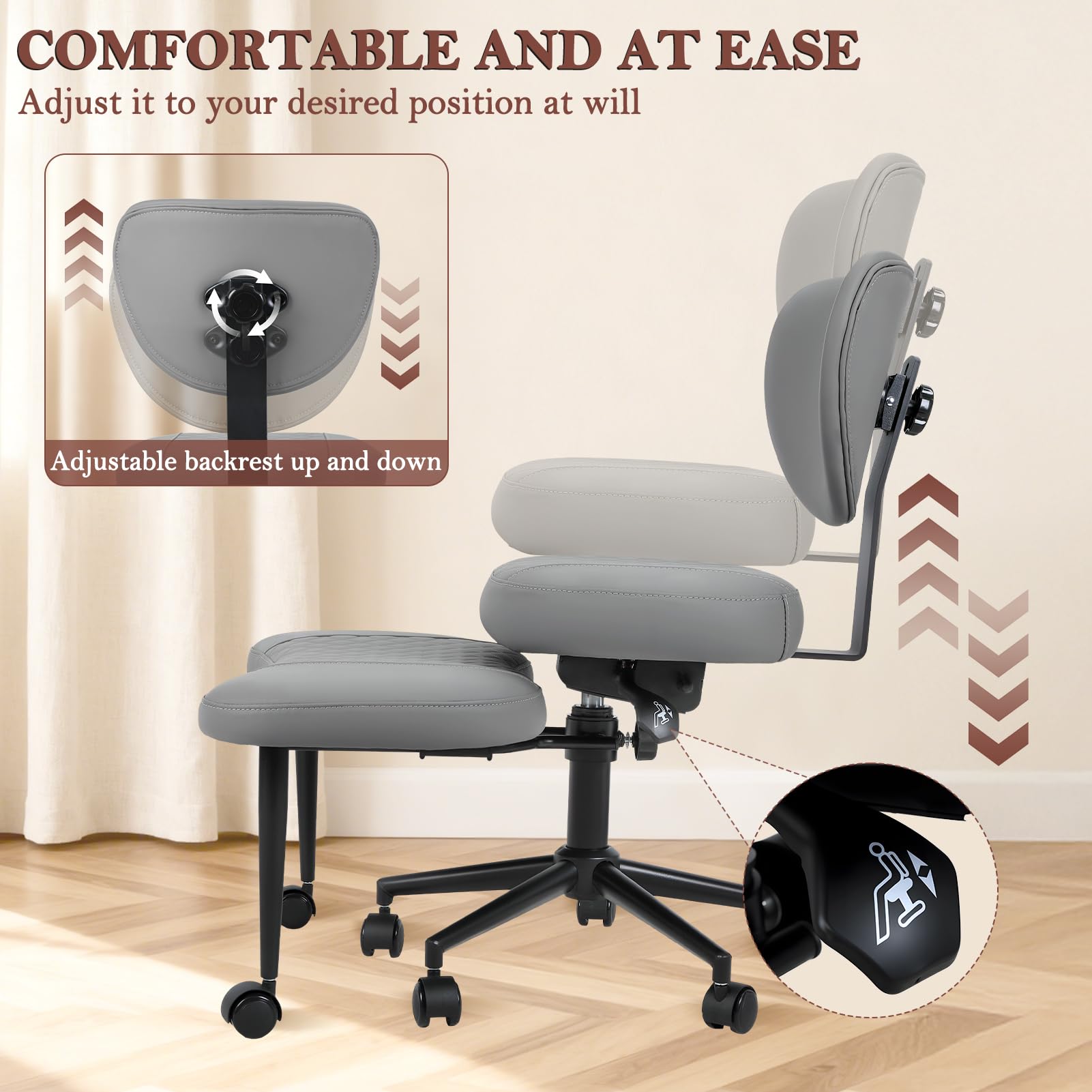 Silla de oficina ergonómica con patas cruzadas, silla de escritorio giratoria de 360° con reposapiés, silla de meditación de altura ajustable, asiento de piel sintética, silla multiposición