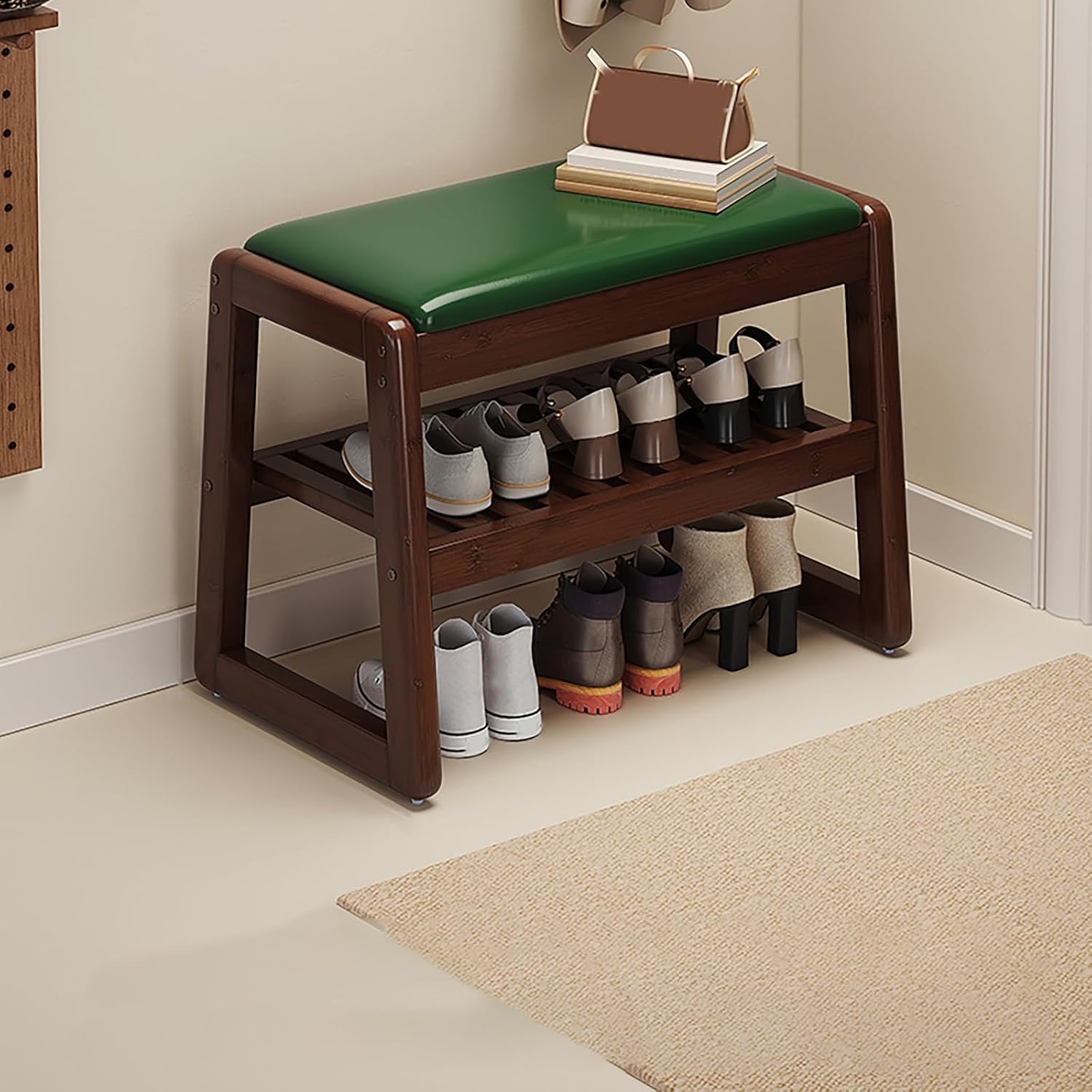 Wooden Bench Indoor,with Cushion Shoe Cabinet Storage,1-Tier Shoe Storage Bench,Space-Saving,for Hallway Living Room Mudroom.(Dark Brown,18.9x13.7x17.7in)