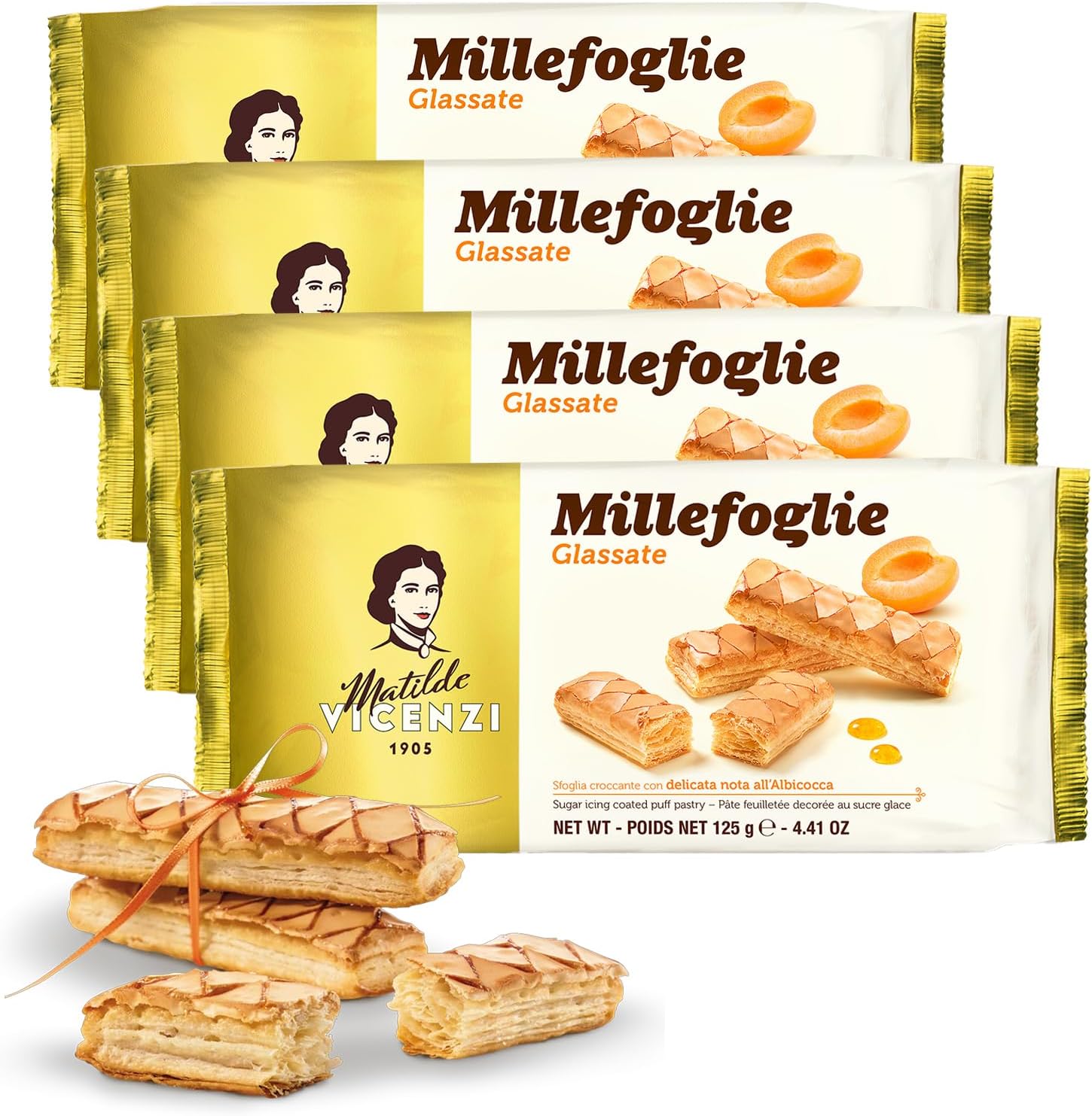 Millefoglie D'Italia Glassate by Pasticceria Matilde Vicenzi, Gourmet Italian Puff Pastry Cookies, Made in Italy - 4.41oz (125g), 4-Pack