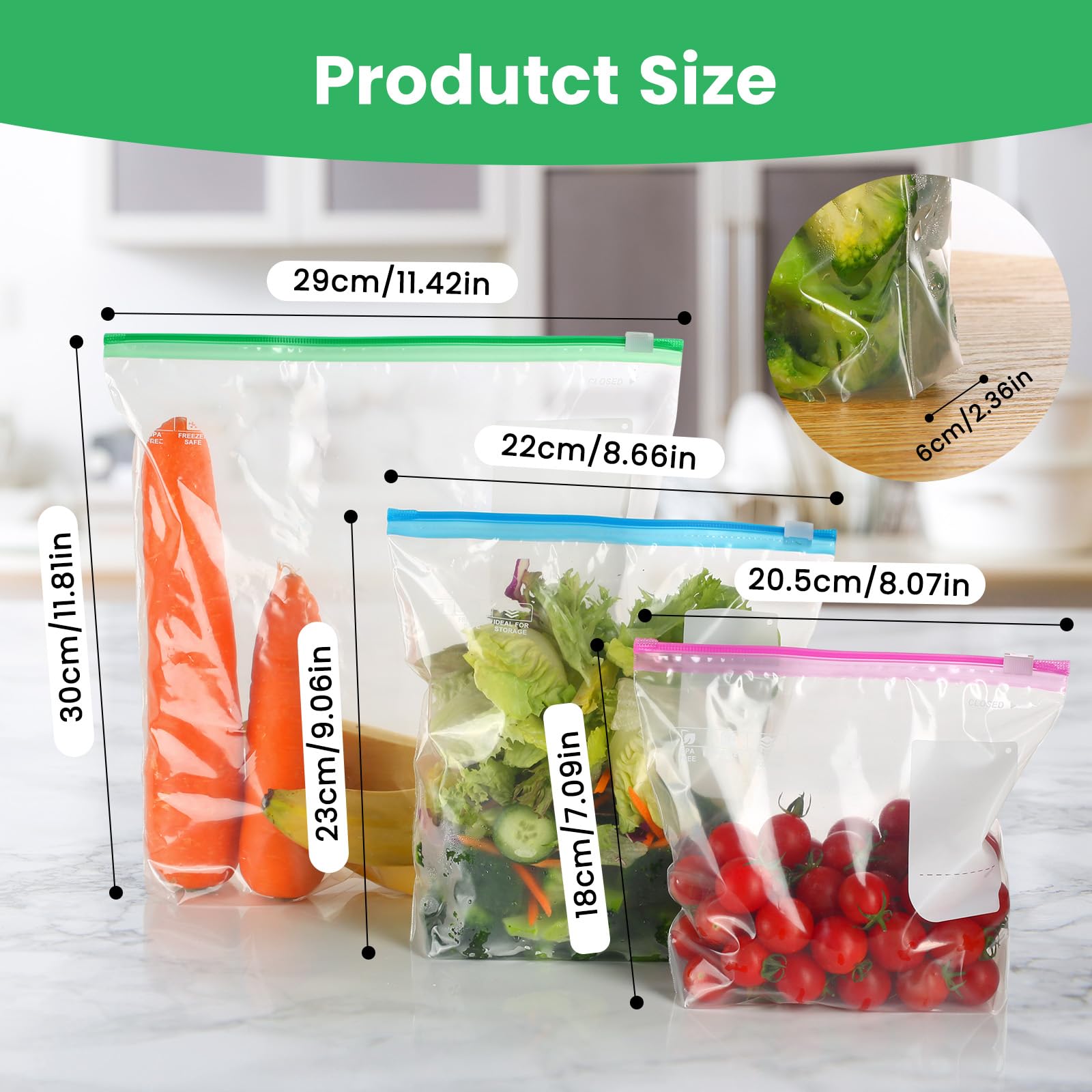 Tuocal 75 Pcs Zip Lock Bags, Freezer Bag 3 Sizes (4.55L, 2.27L, 1L) Reusable Food Storage Bags With Expandable Bottom, BPA Free Slider Ziplock Sandwich Bag For Fruit, Vegetables, Grains, Meat, Snacks - View #13