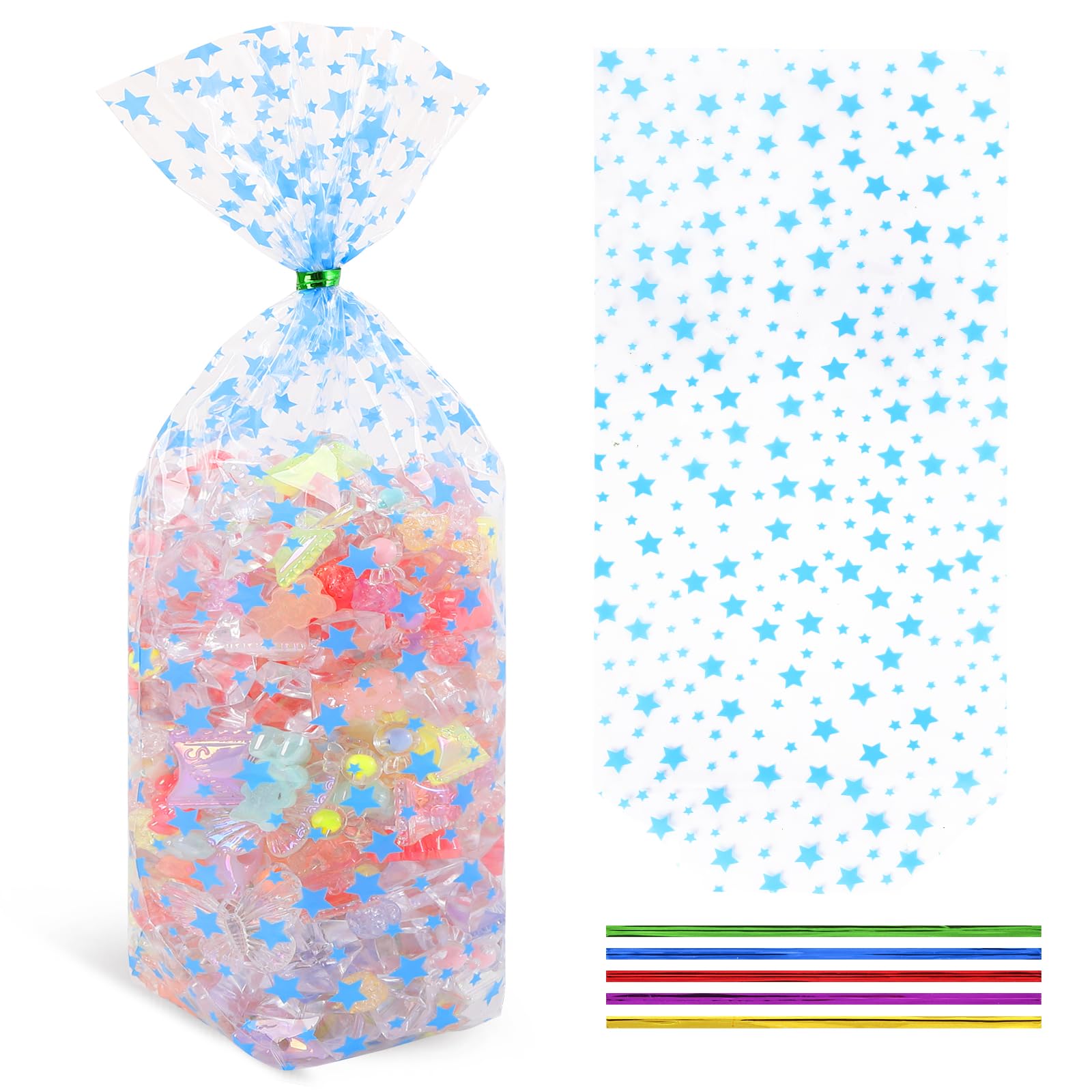 SOMIOCO Cellophane Treat Bags 5X 11 IN Blue Star Flat Bottom Gusset 100 PCS Cellophane Party Favor Goodie Bags for Packaging Gift Candy Cookies