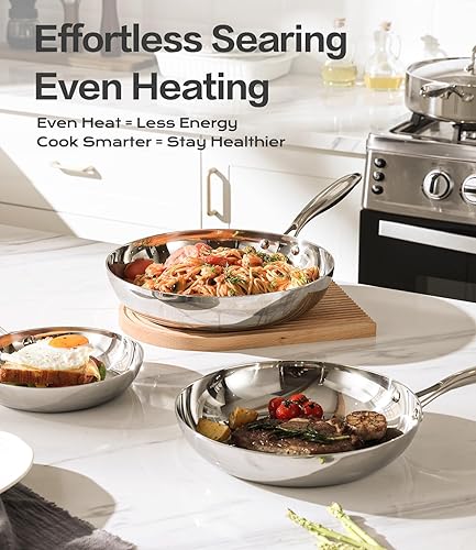 Miniatura 4 de Juego de sartenes de acero inoxidable de 6 piezas de 8, 10 y 12 pulgadas con tapas, apto para horno y lavavajillas, calentamiento rápido y uniforme,