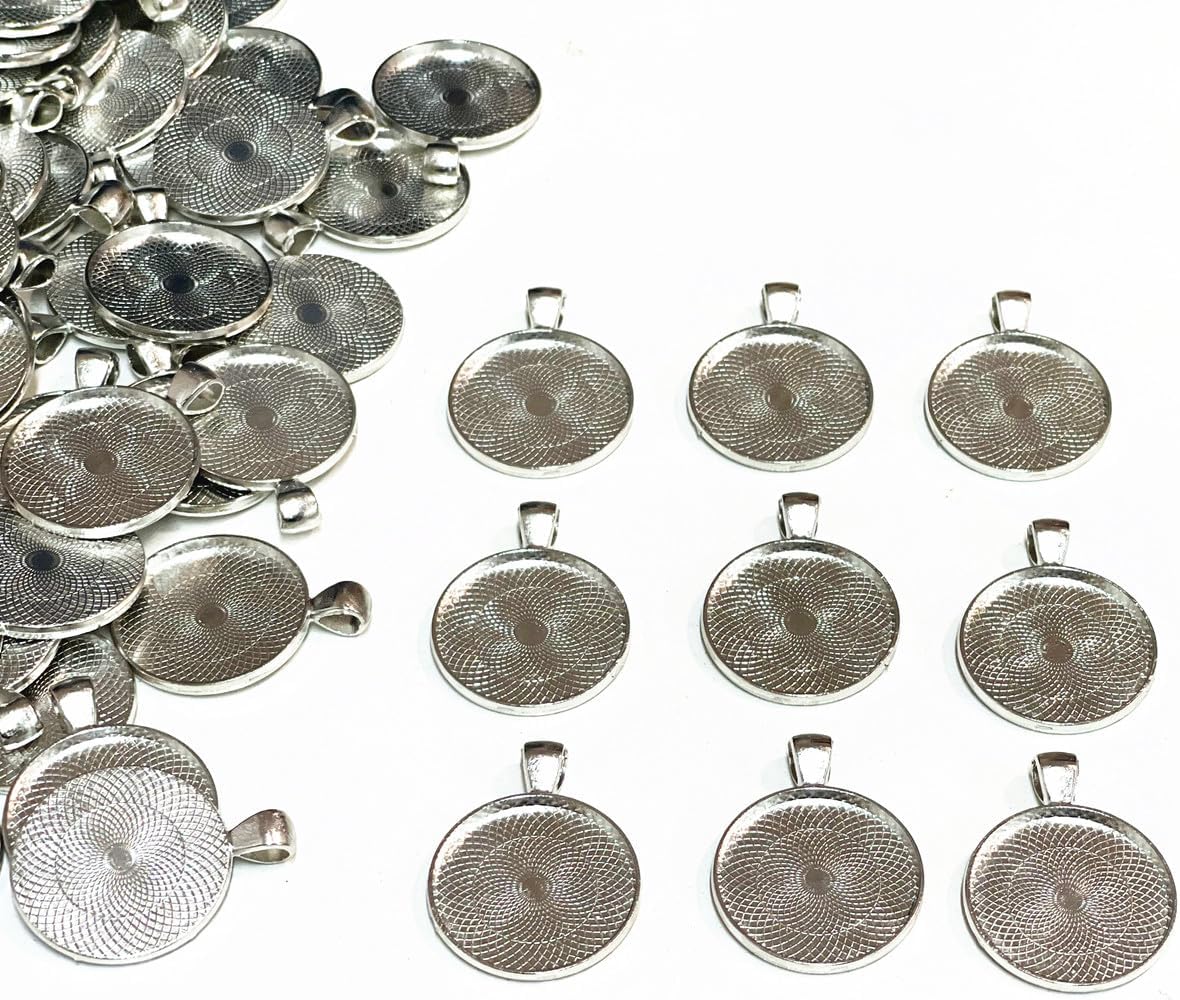 Hand-Made DIY Frame Pendant Tray Round Convex Tray Pendant, 100PCS Diameter 25 mm, Silver
