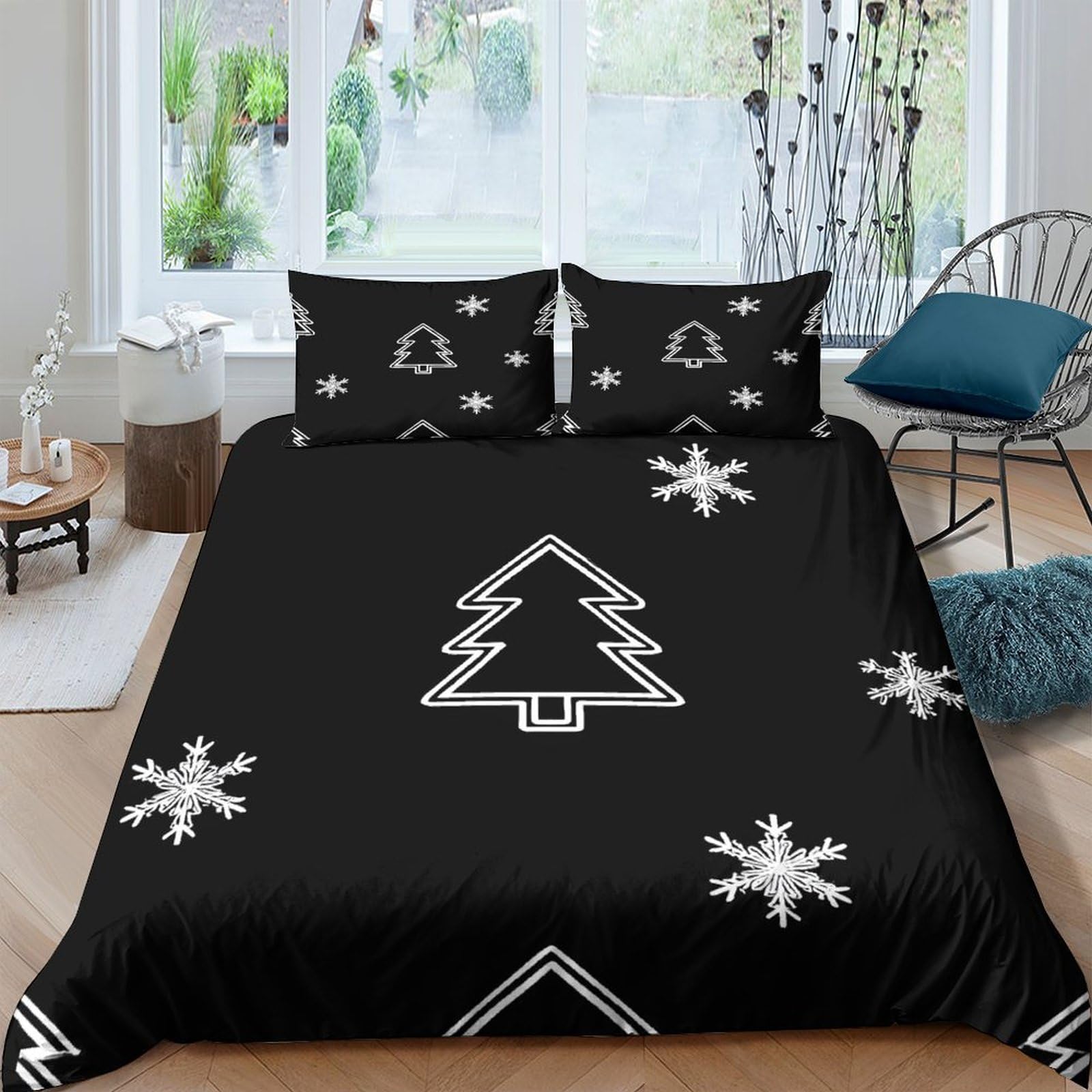 Ctjqhvkz Style-5 3D Printed Christmas Tree Fitted Sheet Microfiber Soft Black Snowflake Bed Cover For Bedroom Guest Room Decor Single（135X200cm）