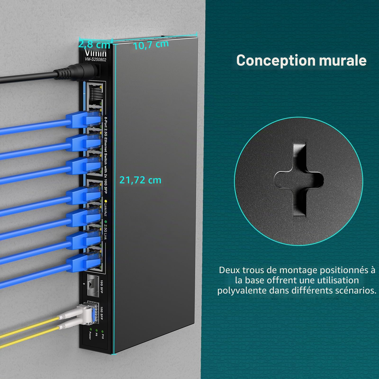 Switch Réseau Non Géré 10 Ports 2,5G, 8 Ports Ethernet 2,5Gbase-T, 2 Ports 10G SFP+, Capacité de Commutation de 80Gbps, Boîtier Métallique, Fonctionne pour NAS 2,5Gbps, Point d'Accès sans Fil et PC