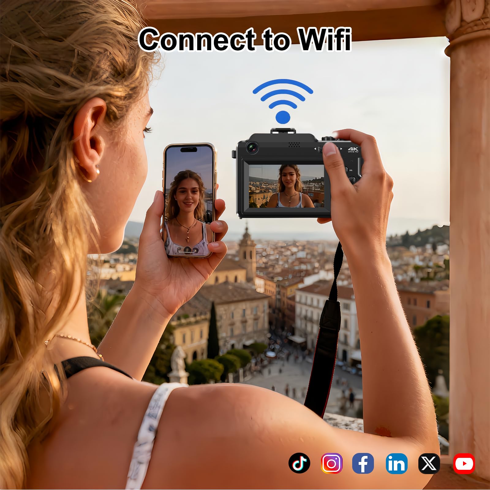 Cámara digital 4K para fotografía con WiFi, 2 baterías, tarjeta TF de 32 G, cámara de vlogging, zoom digital de 18X, lente macro de enfoque automático, videocámara integrada con micrófono y altavoz