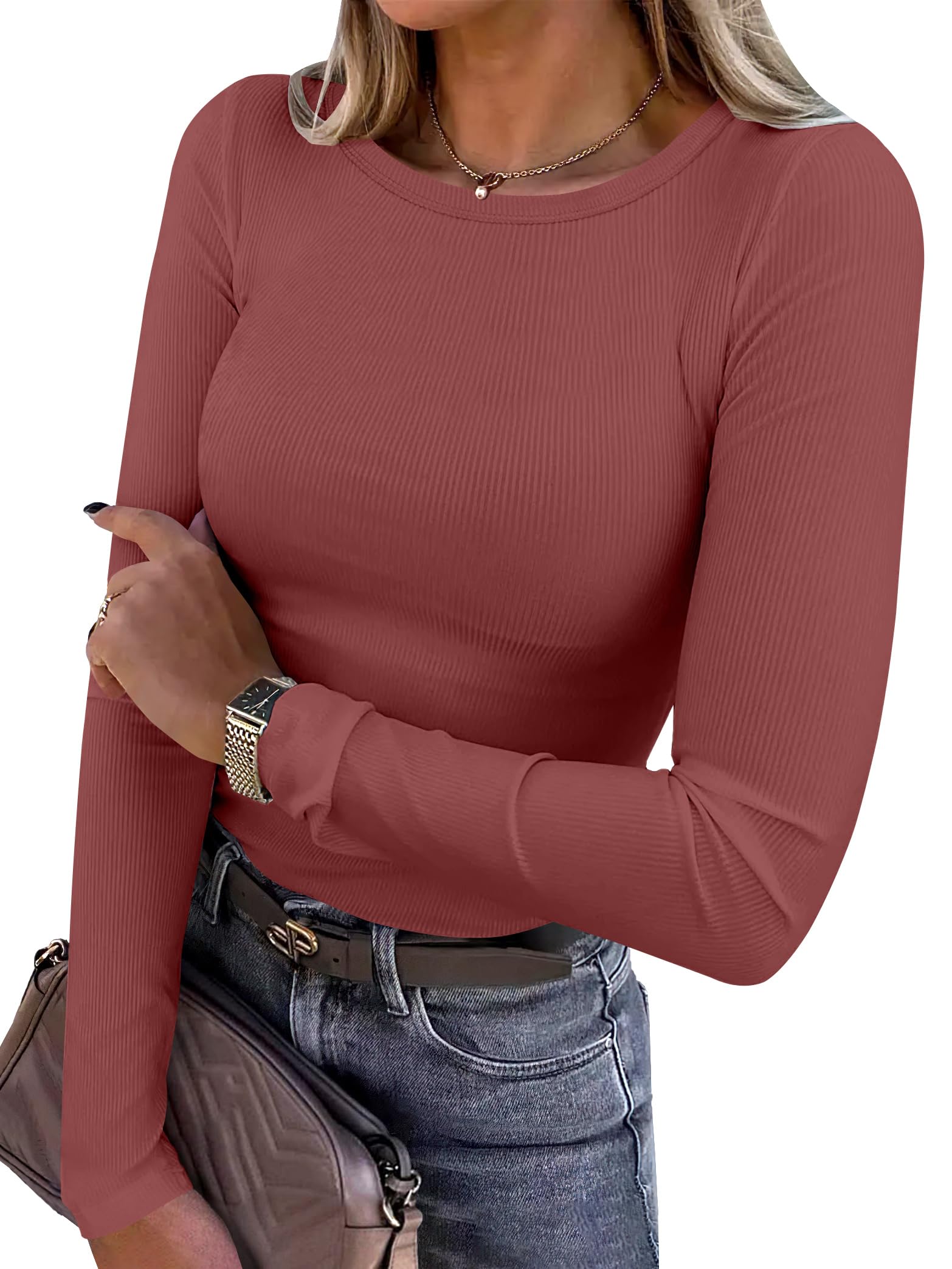 ANRABESS Women Long Sleeve Shirts Rib Knit Slim Fit Tops Basic Tee Spring Outfits Casual T-Shirt Underscrubs Layer Clothes