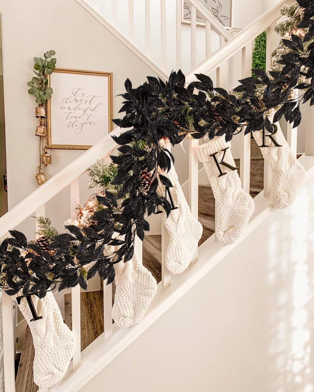 3 Pcs 6FT Christmas Garland Black Glittered Artificial Magnolia Leaves for Mantle Christmas Tree Decorations Indoor Outdoor Hanging Garland Ornaments Garden Door Wall Window Stair Holiday Home Decor - Image 6