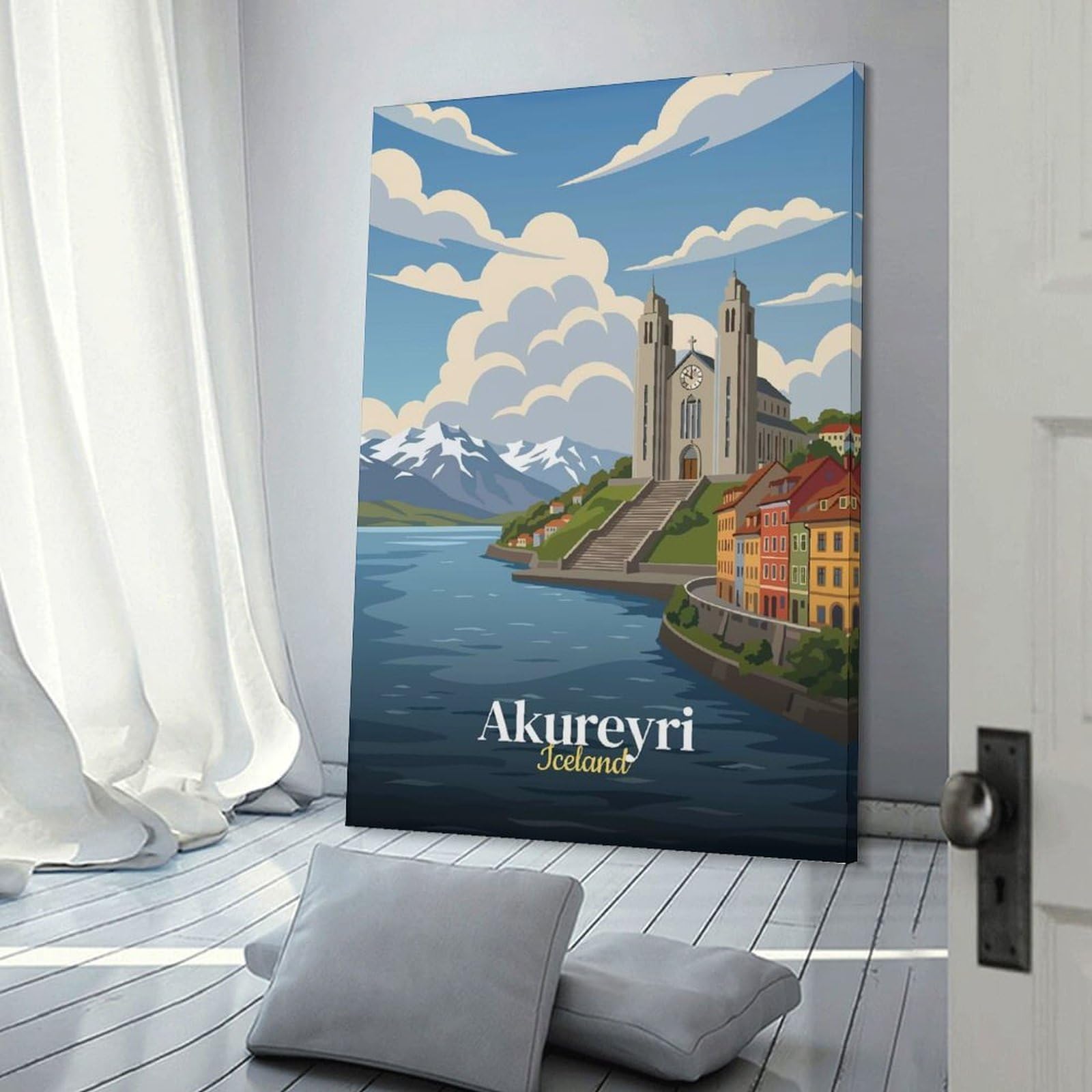 Junmoney Frame-Style-24 Akureyri Iceland Travel Canvas Wall Art 24X36inch(60X90cm), For Wall Displays, Bedrooms Or Room Updates, Ideal For Building A Coordinated Art Wall