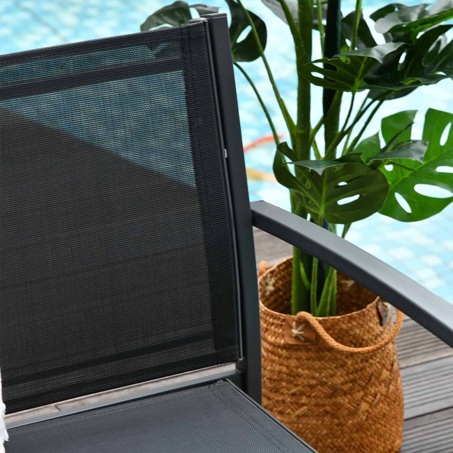 FRANKYSTAR Adelaide - Salottino da giardino di design con divanetto + 2 poltrone + tavolino da caffè con ripiano in vetro. Set lounge da esterno 4 pezzi in metallo e textilene nero
