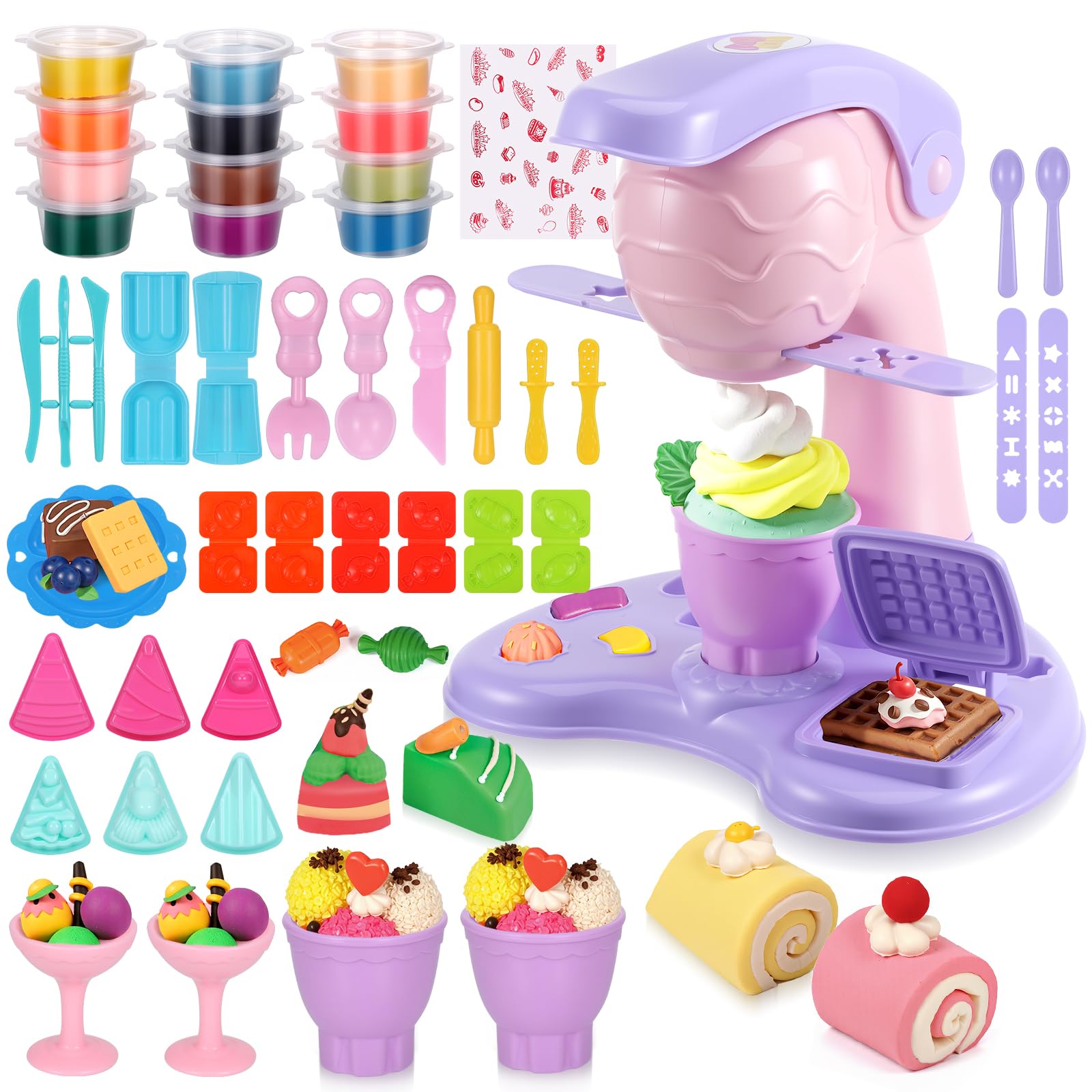 Yimomoyi 47 PCS Ice Cream Play Color Dough Set, Dough Accessories with Ice Cream Maker Machine, Kitchen Creations Pizza Color Dough Play Sets Deluxe Dough Tools Kit for Kids 3 years+ (B)