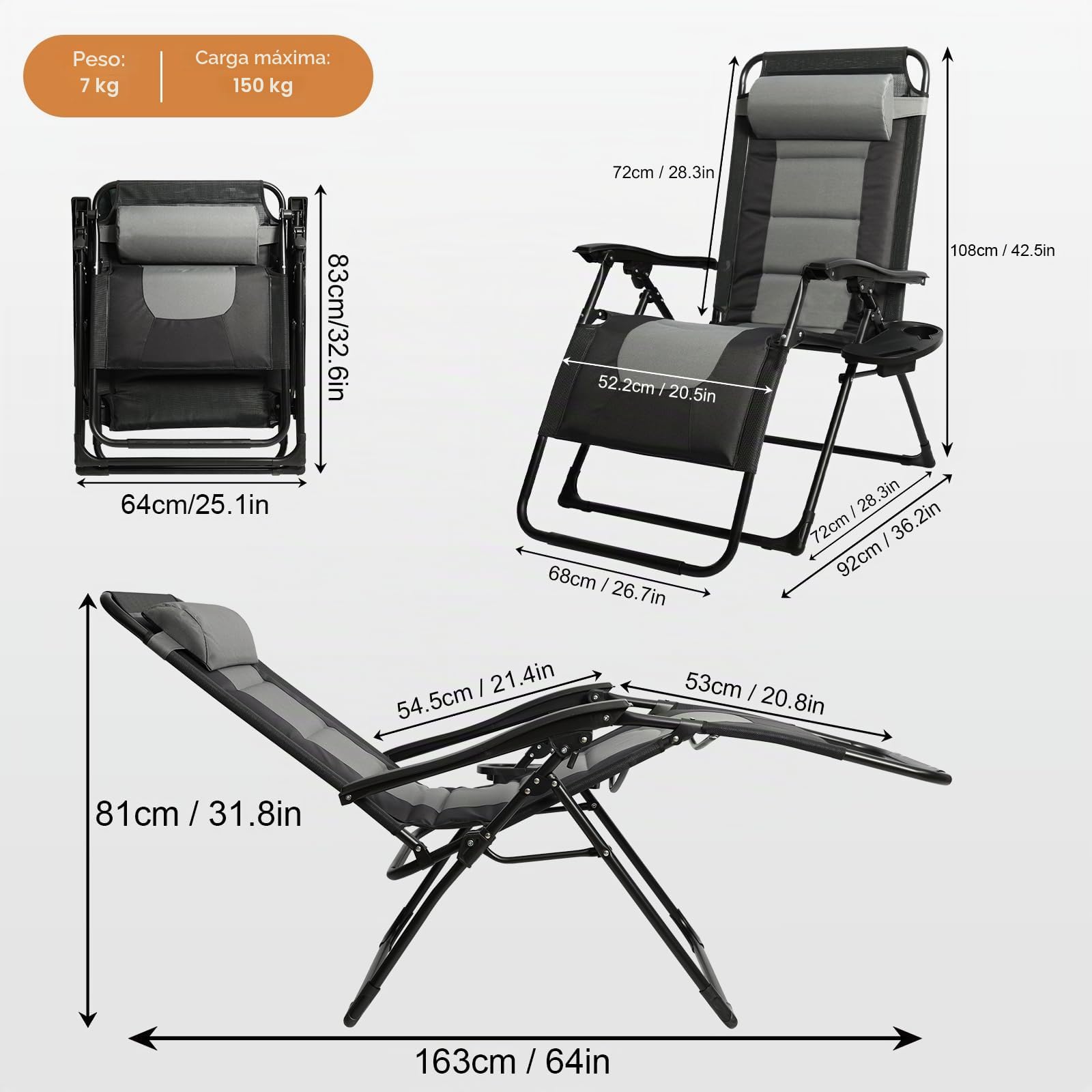 Silla Gravedad Cero con Portavasos y Reposacabezas, Respaldo Ligero y Ajustable, Tumbonas Plegables hasta 150kg, Sillas Tumbonas para Patio Garden Beach Camping (Gris)