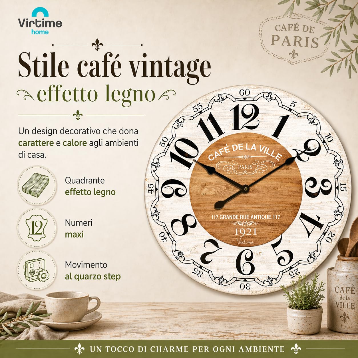 Orologio da parete grande 58 cm effetto legno – Design shabby chic stile francese, numeri grandi ben visibili, movimento silenzioso al quarzo, decorazione casa soggiorno cucina ufficio (Bianco)