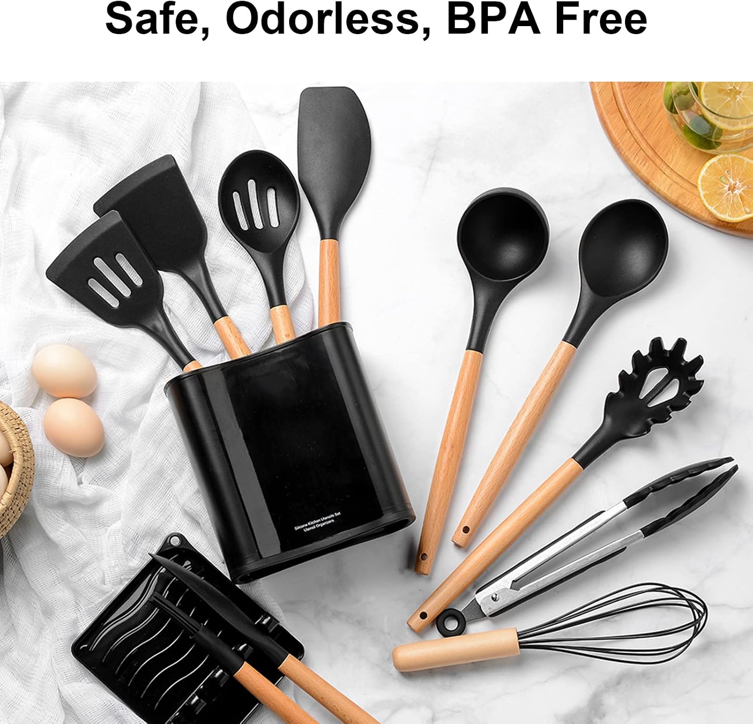 13 Pcs Outdoor Camping Utensils Set, Non Stick Silicone Cookware Set with Heat Resistant Wooden Handle, Safe Odorless Picnic Utensils with Rack Storage Box for Hiking Camping Cooking