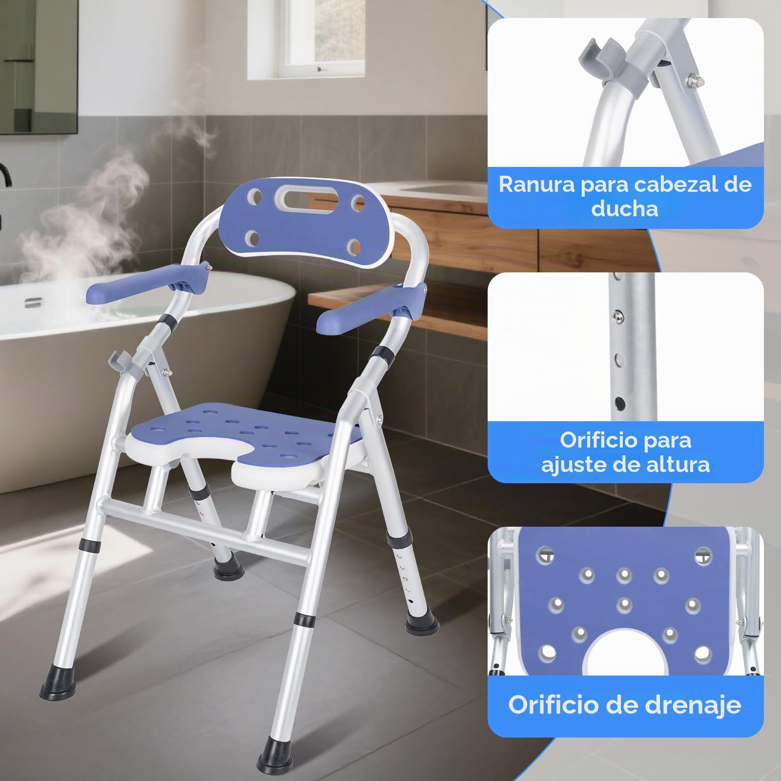 OUUTMEE Silla de ducha plegable con altura ajustable, silla de baño plegable con brazos y respaldo - Asiento de baño que ahorra espacio para la seguridad de los ancianos (blanco)