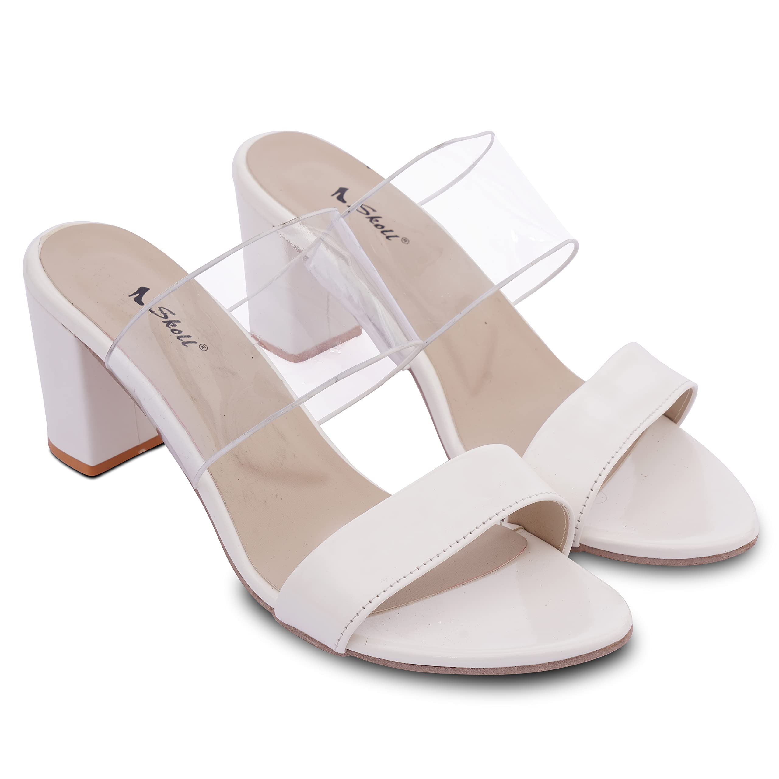 SKOLL Womens Pair of Comfortable Leather Slip On Fashion Block Heels Transparent for Casual, Party and Formal Occasions White (B0B8STXPNC) Amazon Price History, Amazon Price Tracker