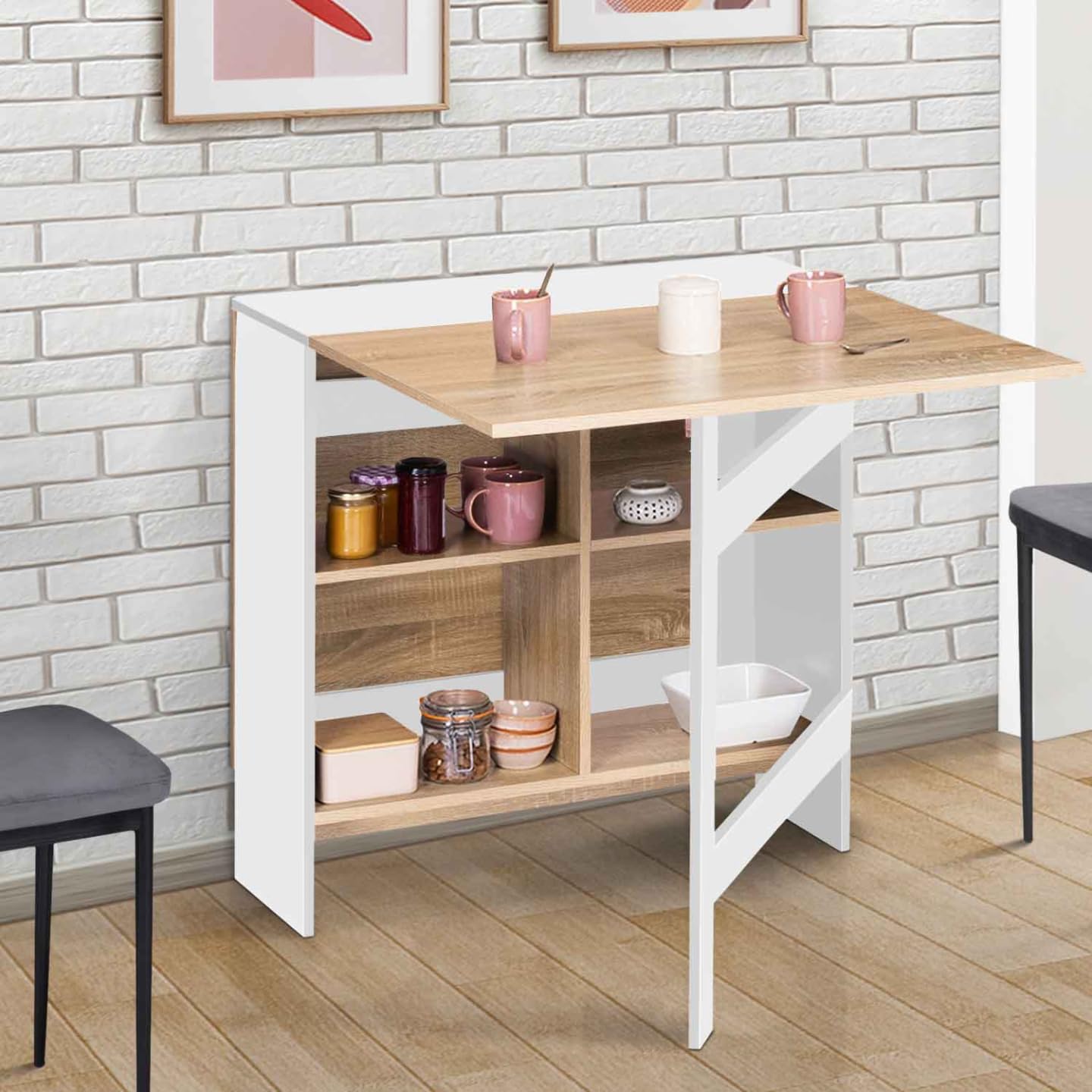 IDMarket - Mesa consola plegable EDI 2-6 personas con almacenamiento, madera blanca, tablero estilo haya 150 x 80 cm