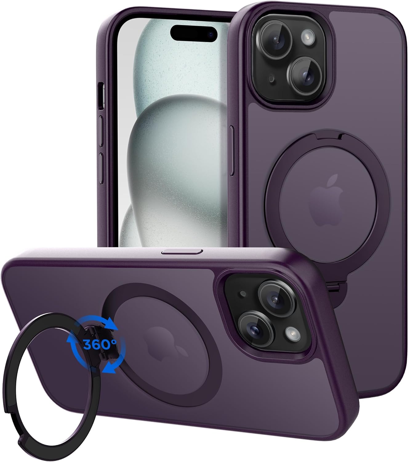 cacoe magnetic case for iphone 15 6.1 inch with 360 rotatable ring stand, compatible with magsafe car phone mount, iphone 15 cases cover phone holder for desk meeting/videos dark purple
